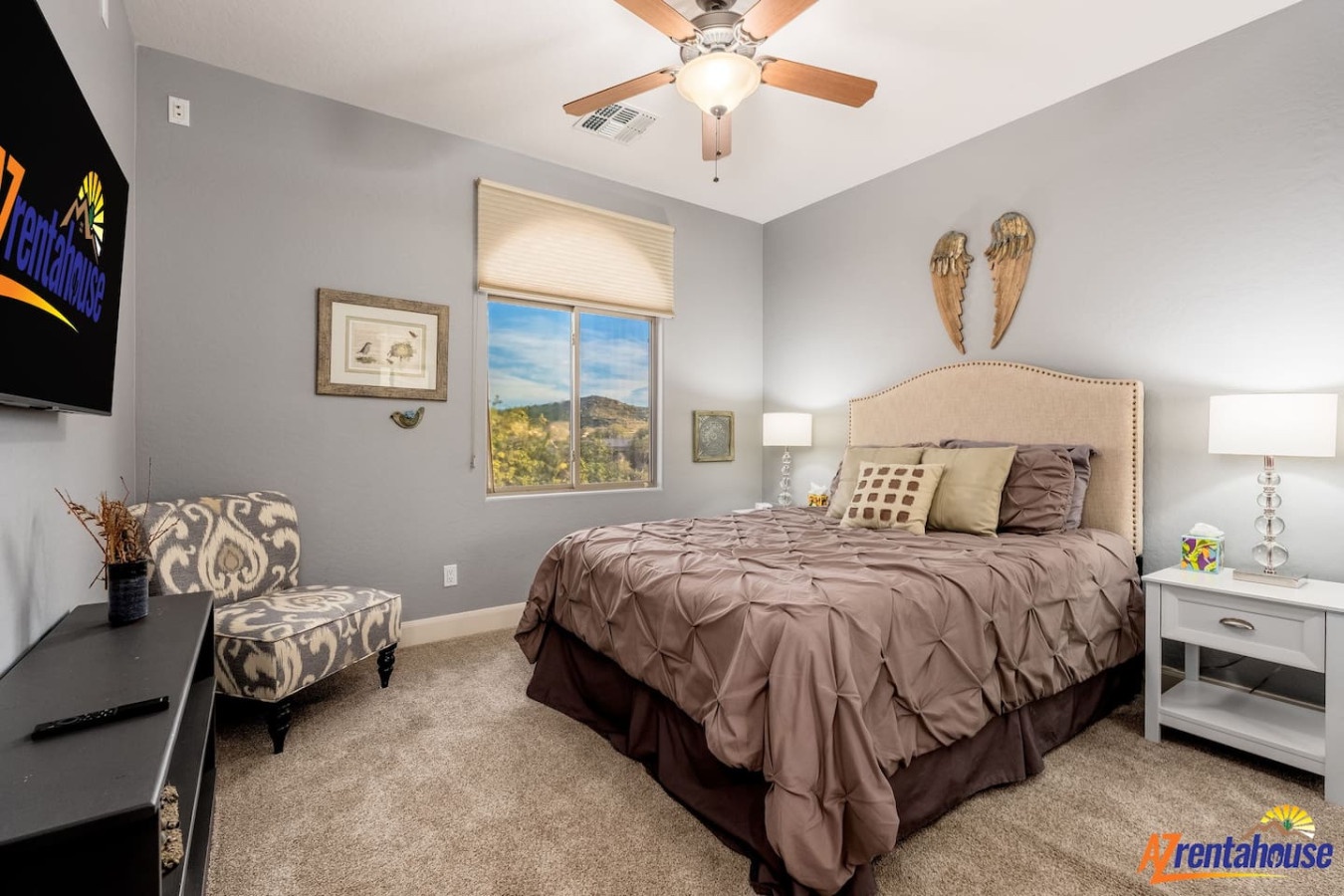 Unwind in your serene bedroom with desert views, plush bedding, and thoughtful touches creating the perfect retreat.