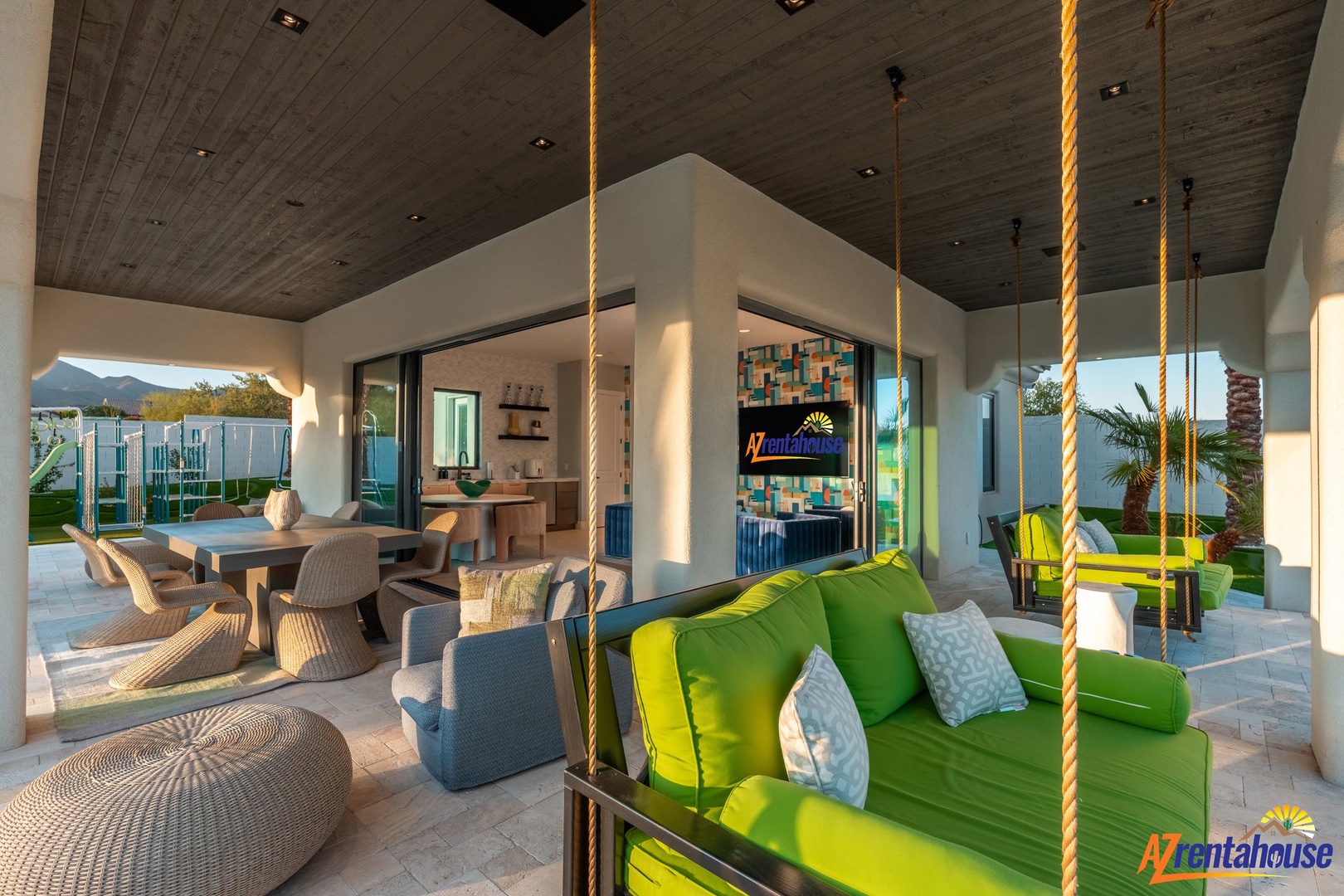 Swing into relaxation on your private terrace, where vibrant green seating and rope swings create the perfect spot for unwinding.
