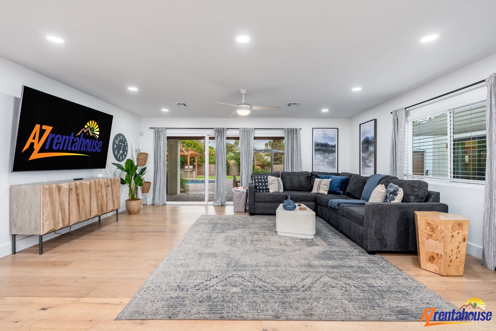 Sink into this spacious sectional while you watch your favorite shows on the large TV, with pool views through sliding doors.