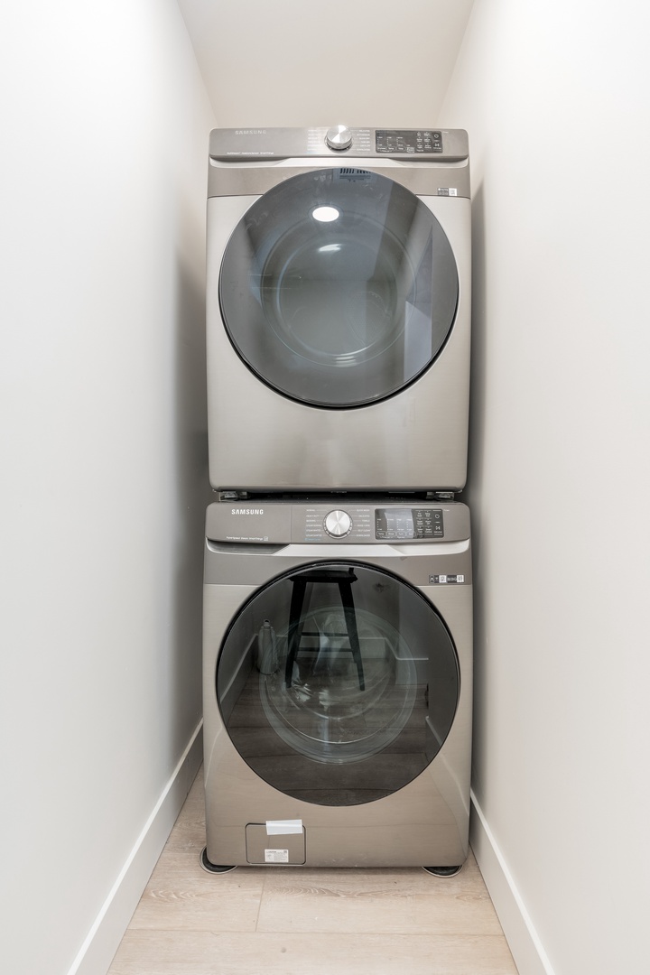Keep your wardrobe fresh with your own stacked Samsung washer and dryer—modern, convenient, and tucked away for easy access whenever you need it.