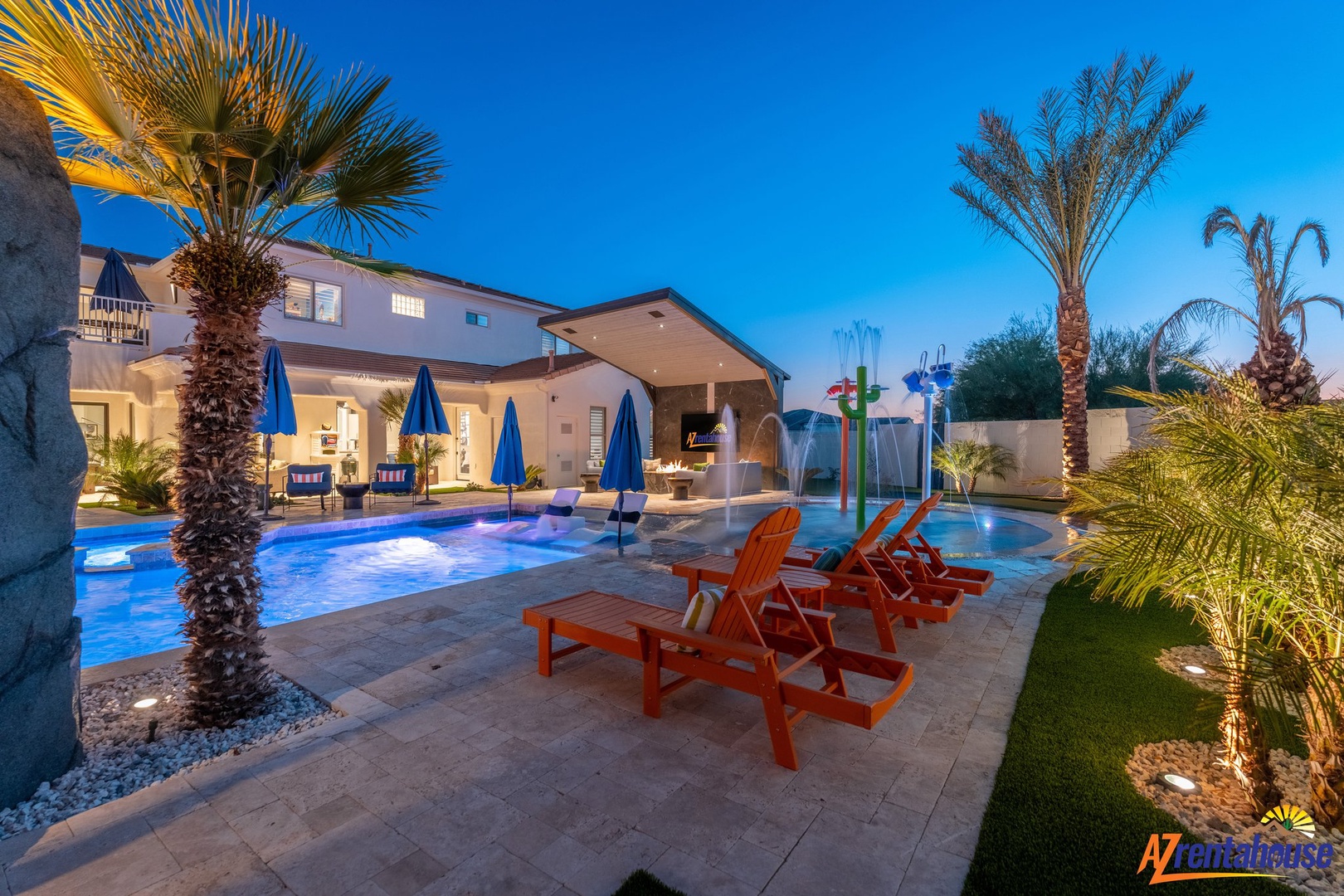 Your private resort awaits with sparkling pool, luxury loungers, and tropical palms under stunning twilight skies.