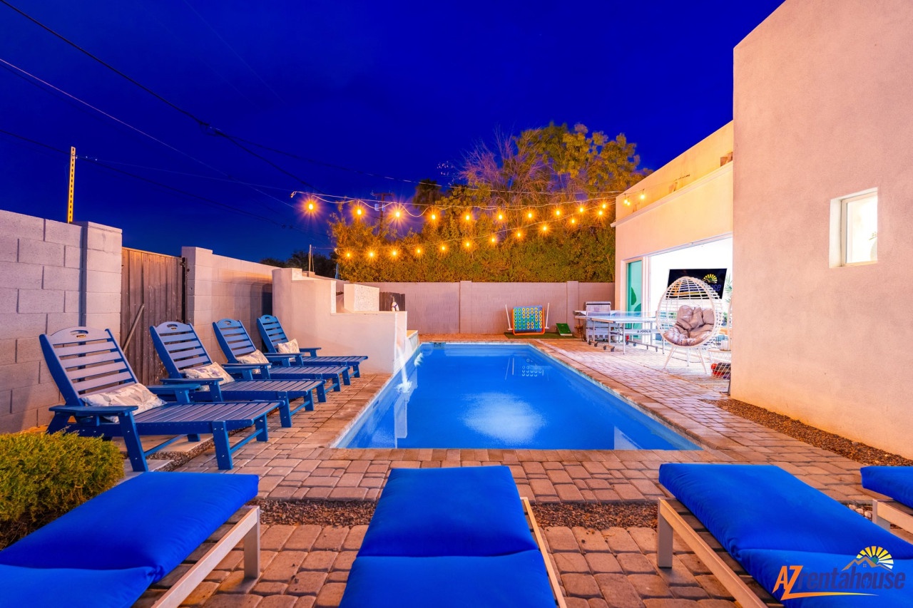 Evening magic awaits by your private pool, where twinkling lights create the perfect atmosphere for starlit swims and poolside relaxation.