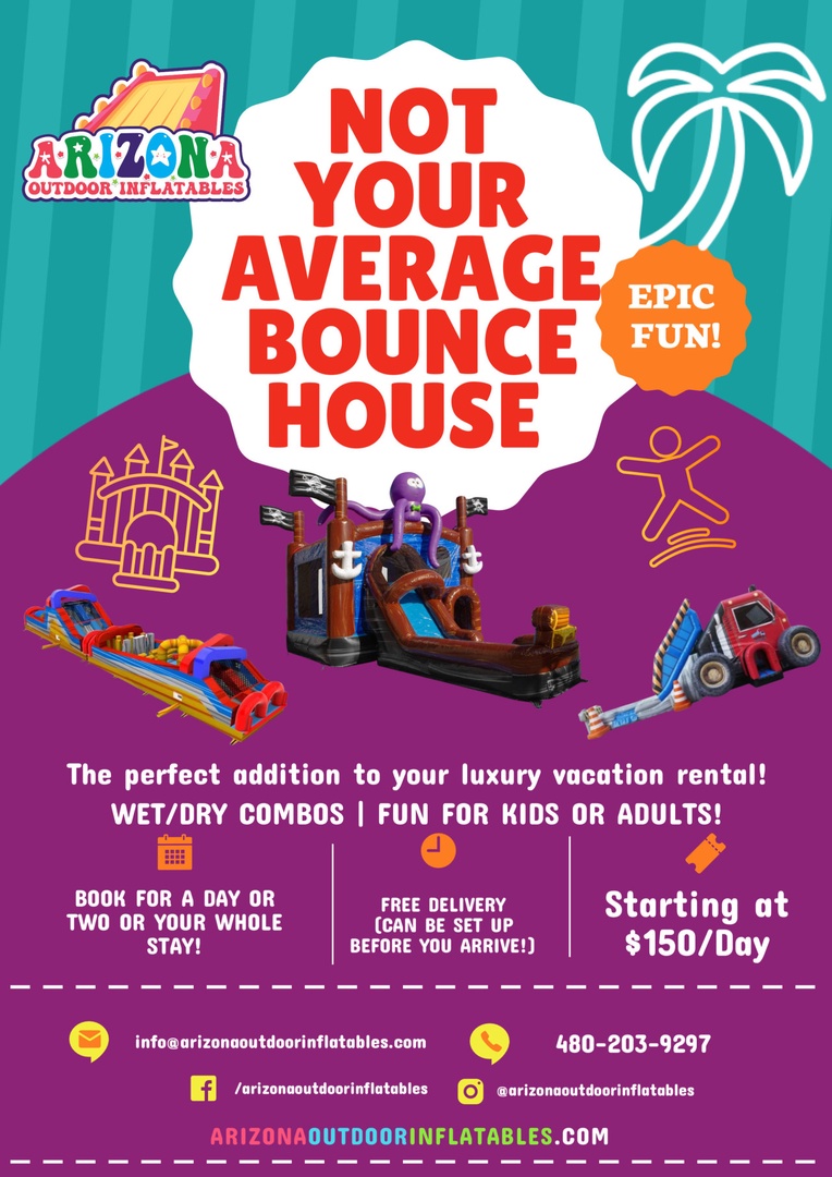 Colorful promotional flyer for Arizona Outdoor Inflatables advertising bounce house rentals for vacation properties.