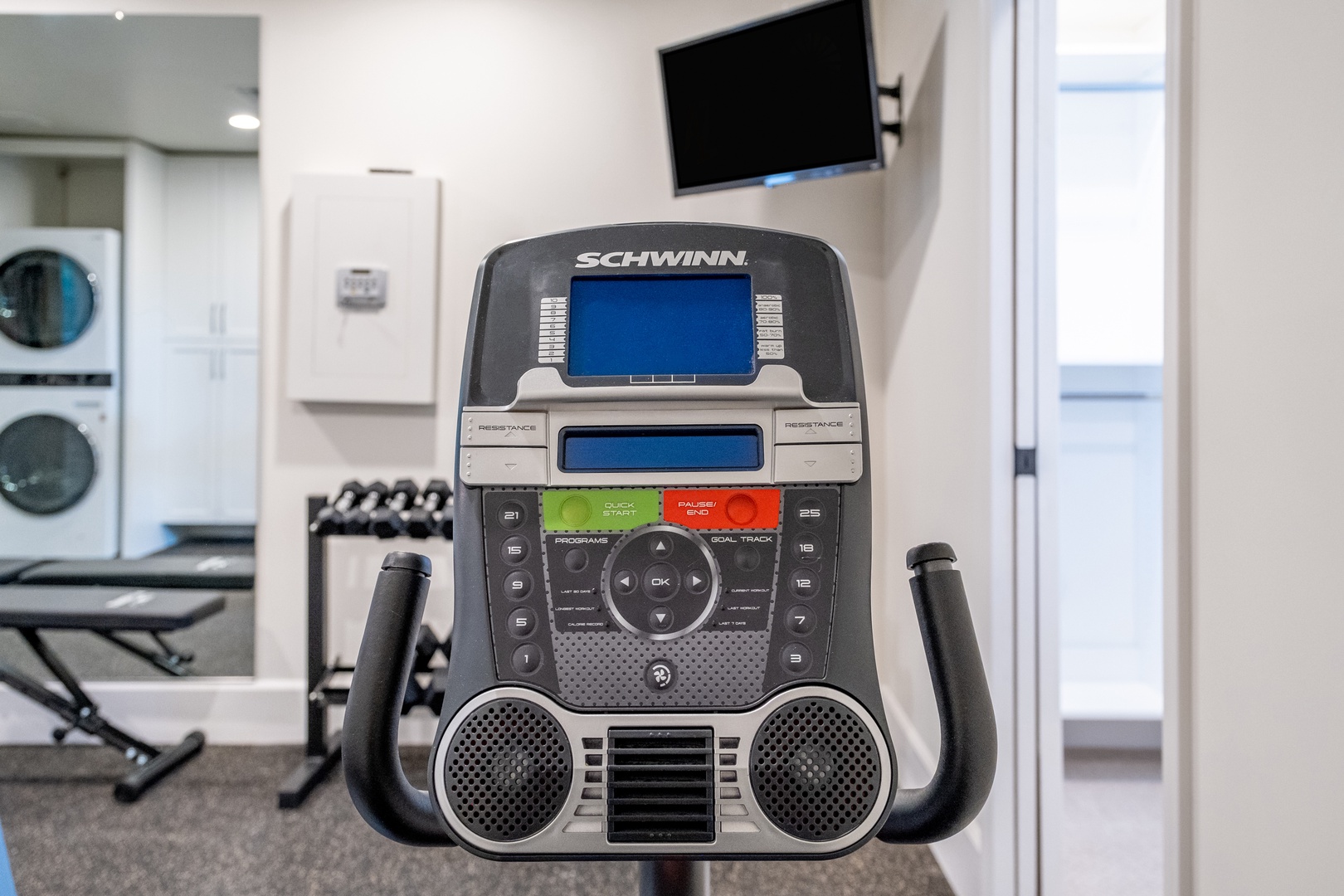 Stay active during your visit with on-site workout equipment, free weights, and a wall-mounted TV to keep you motivated. Laundry facilities are conveniently located nearby.