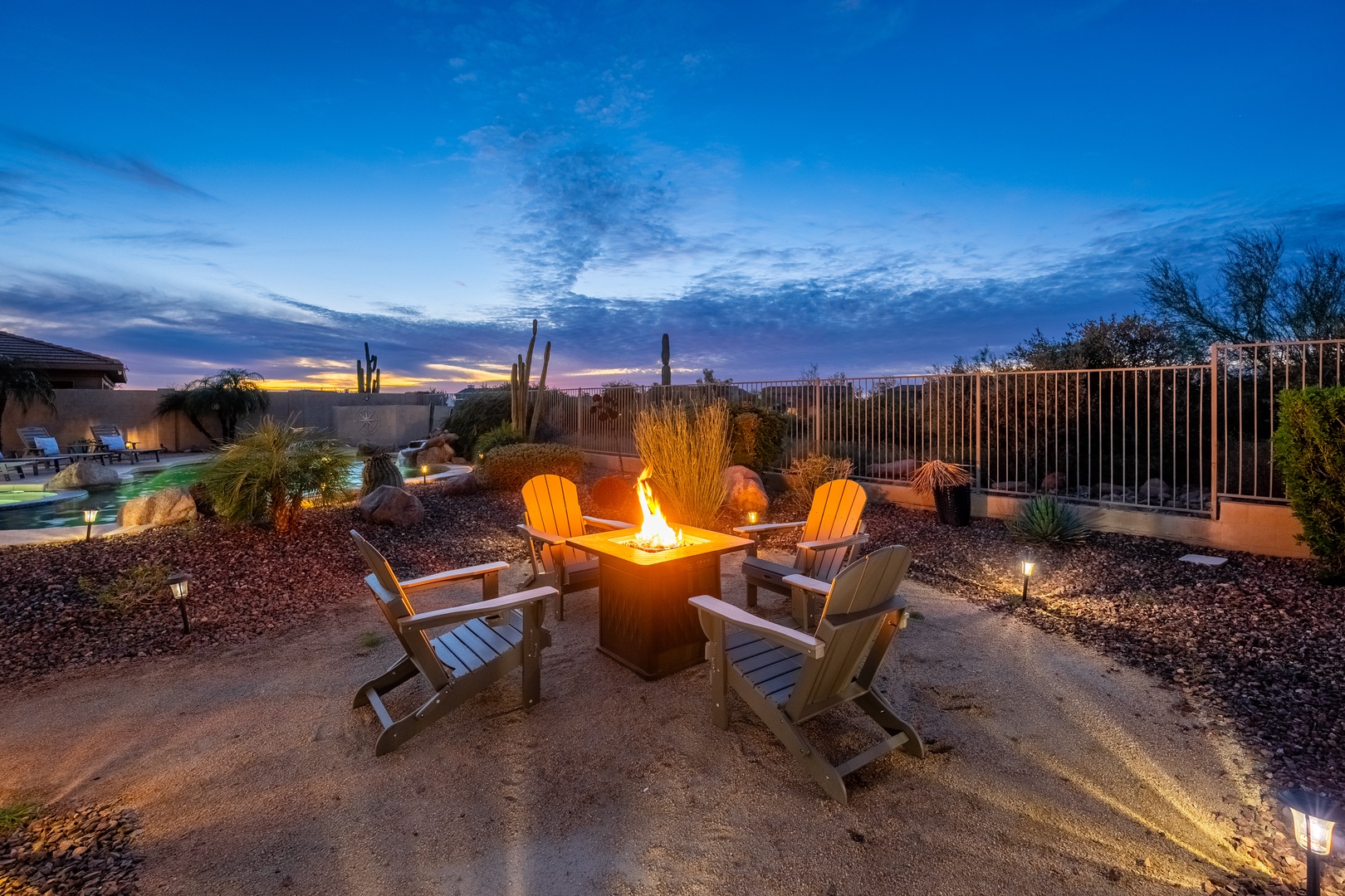 Gather around your private fire pit at dusk for stories and stargazing. The desert sky and glowing flames create a magical backdrop for unforgettable evenings.