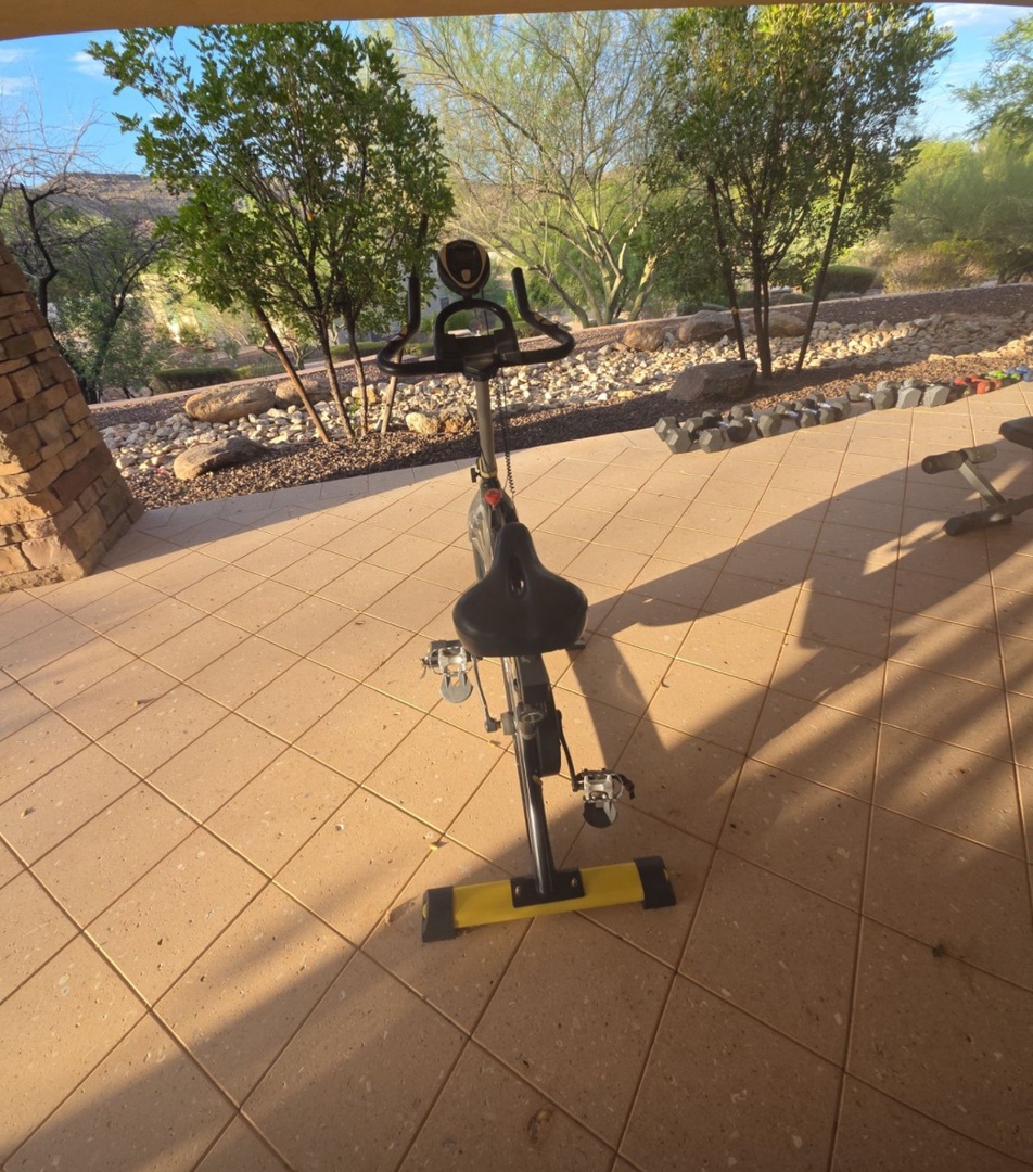 A stationary bike positioned on the covered patio offers convenient fitness opportunities while overlooking the property's landscaped desert setting with native trees and rocks.