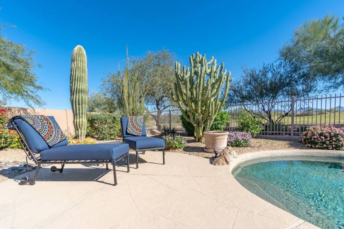 Lounge by your private pool surrounded by stunning desert cacti and mountain views under endless blue skies.