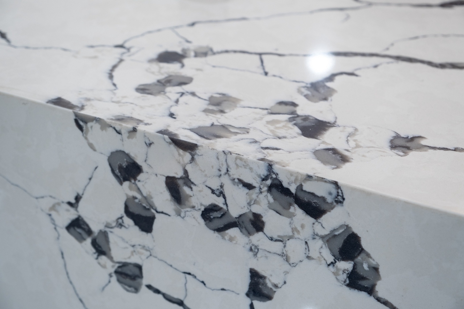 Stunning marble countertop featuring elegant black and white veining patterns, adding a touch of luxury and sophistication to the space.