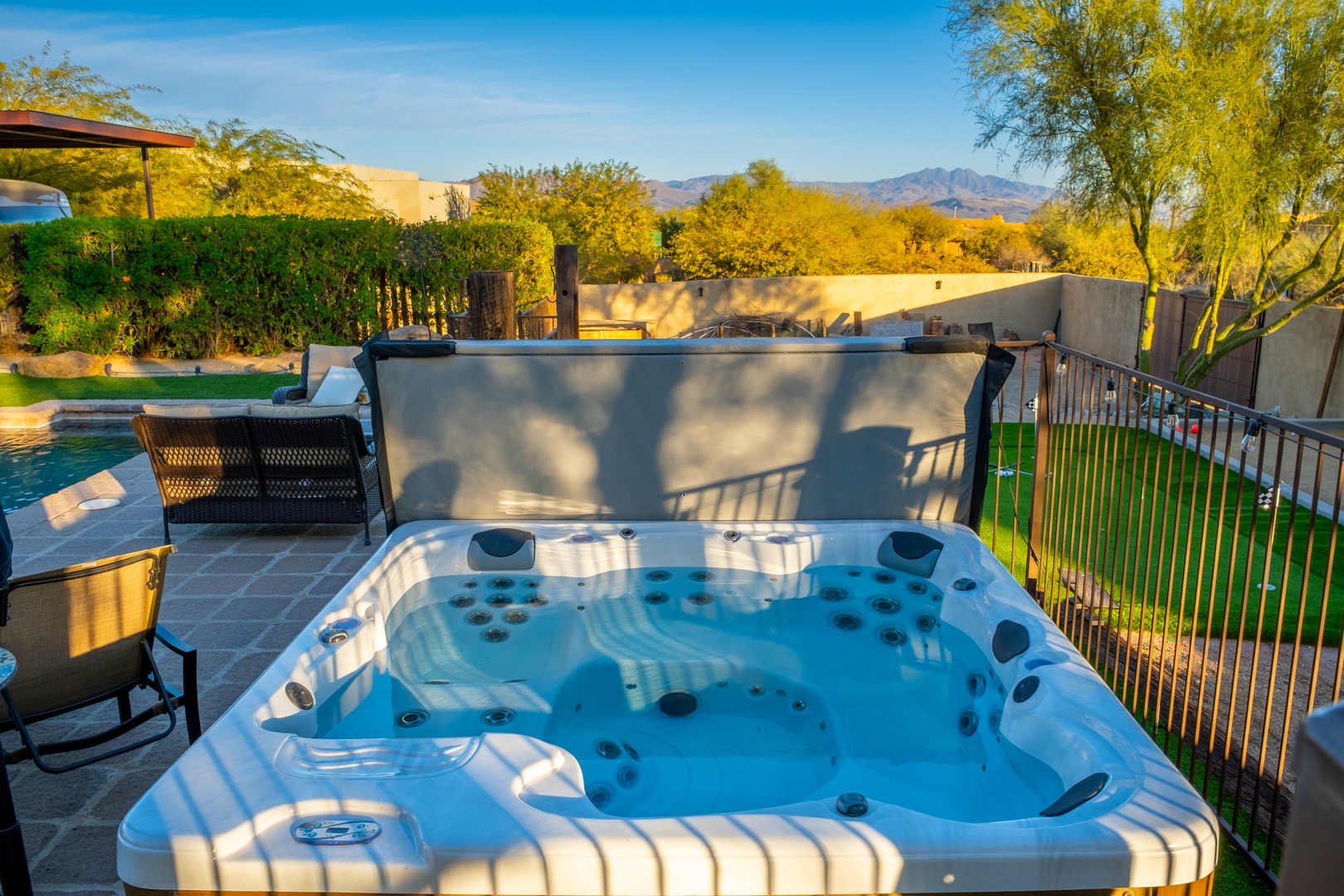 Soak your cares away in your private hot tub while taking in stunning mountain views and desert sunsets. The perfect spot to unwind after a day of adventure.