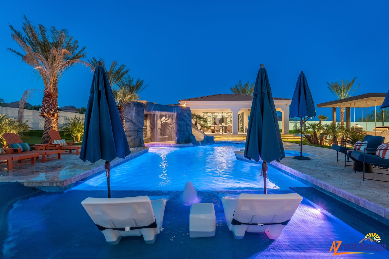 Soak in your own private oasis with underwater lounge chairs and dramatic blue lighting creating pure magic.