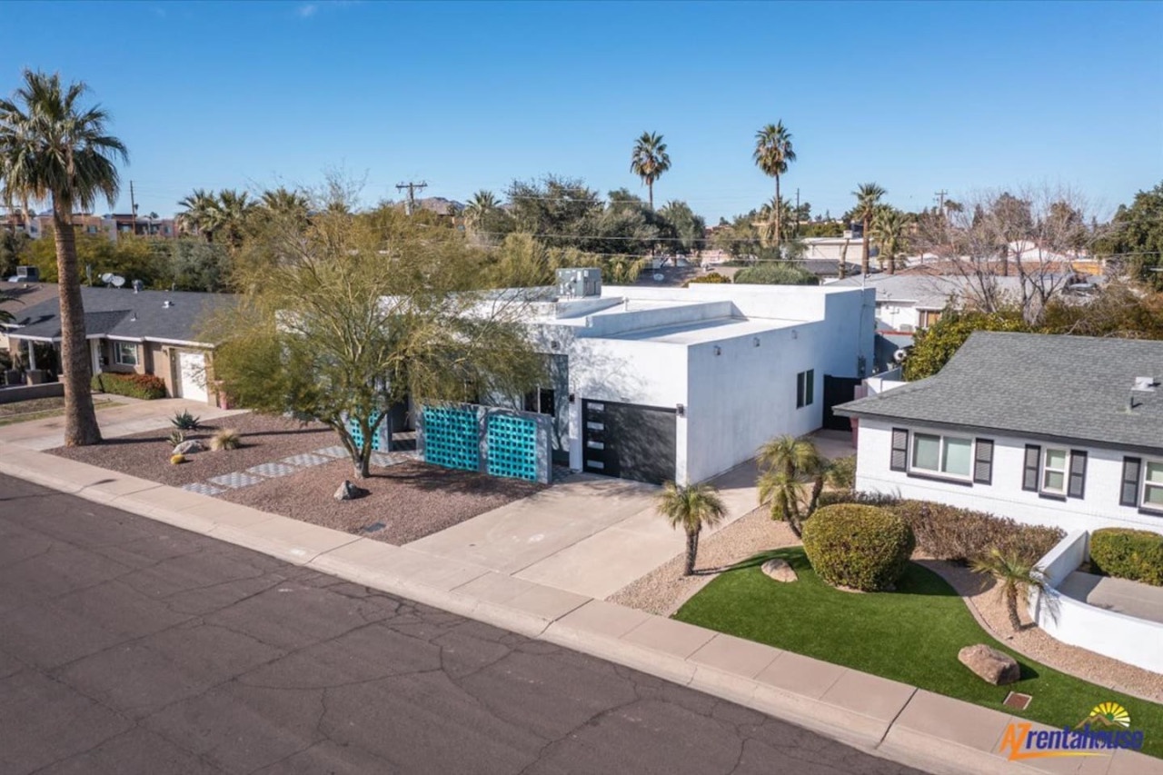 Modern architectural design nestled in a palm-lined residential neighborhood with desert landscaping and manicured lawns.