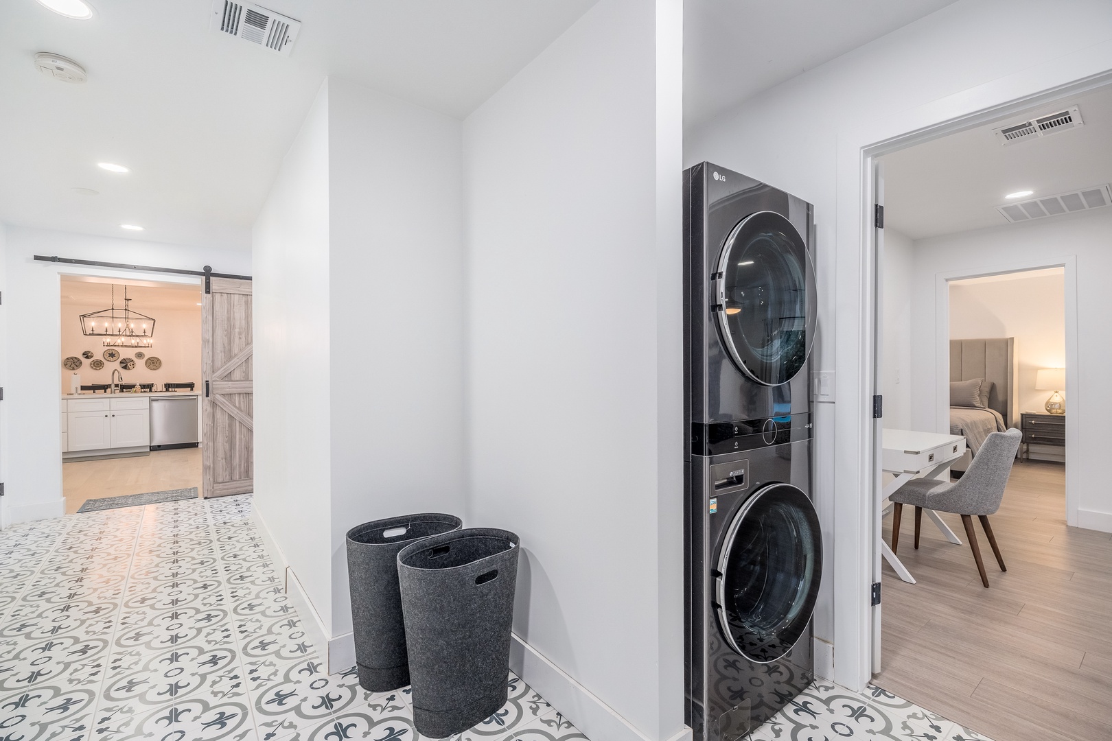 Your in-home laundry setup with a sleek stacked washer and dryer makes keeping fresh clothes effortless, so you can spend more time enjoying your vacation.