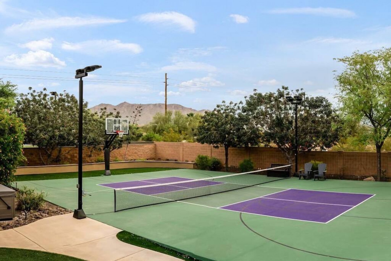 Your private tennis court awaits for exciting matches, while the basketball hoop adds variety to your active getaway adventures.