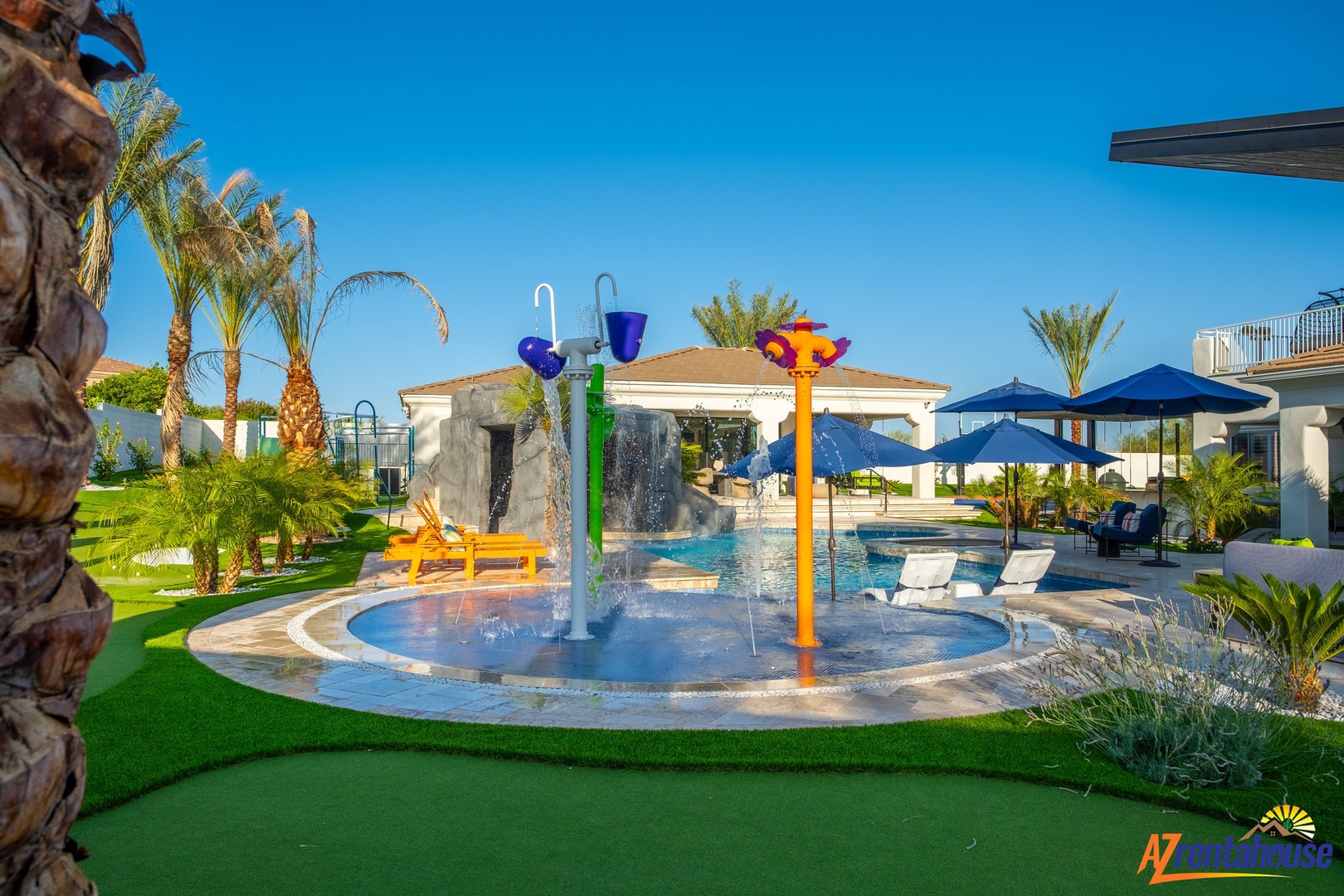 Watch your little ones splash and play in this colorful kids' water playground, complete with fun fountains and splash features.