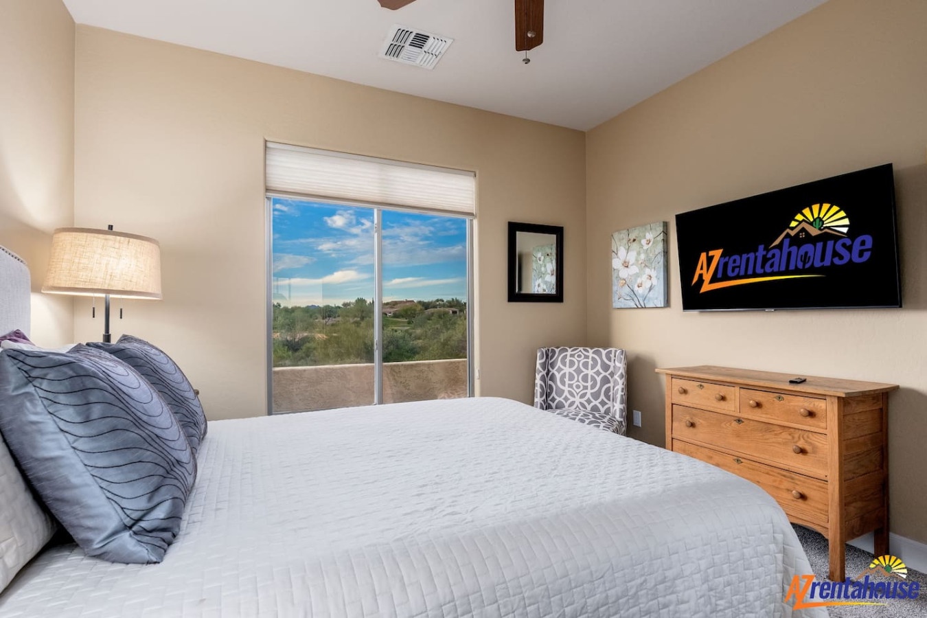 Unwind in your serene bedroom with desert views, plush bedding, and modern amenities for perfect relaxation.