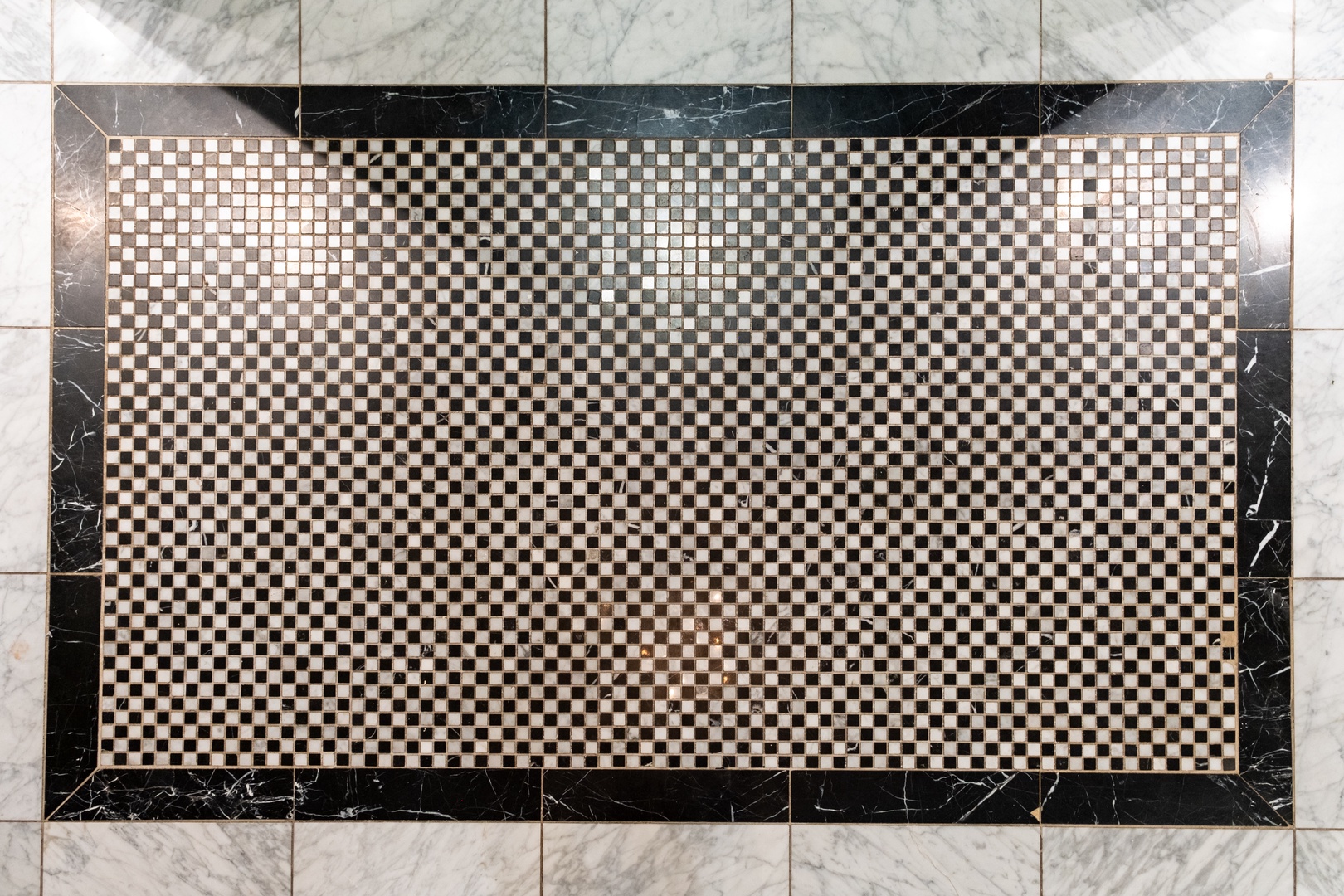 Elegant mosaic tile flooring with a classic checkerboard pattern framed by polished marble borders sets the tone as you arrive.
