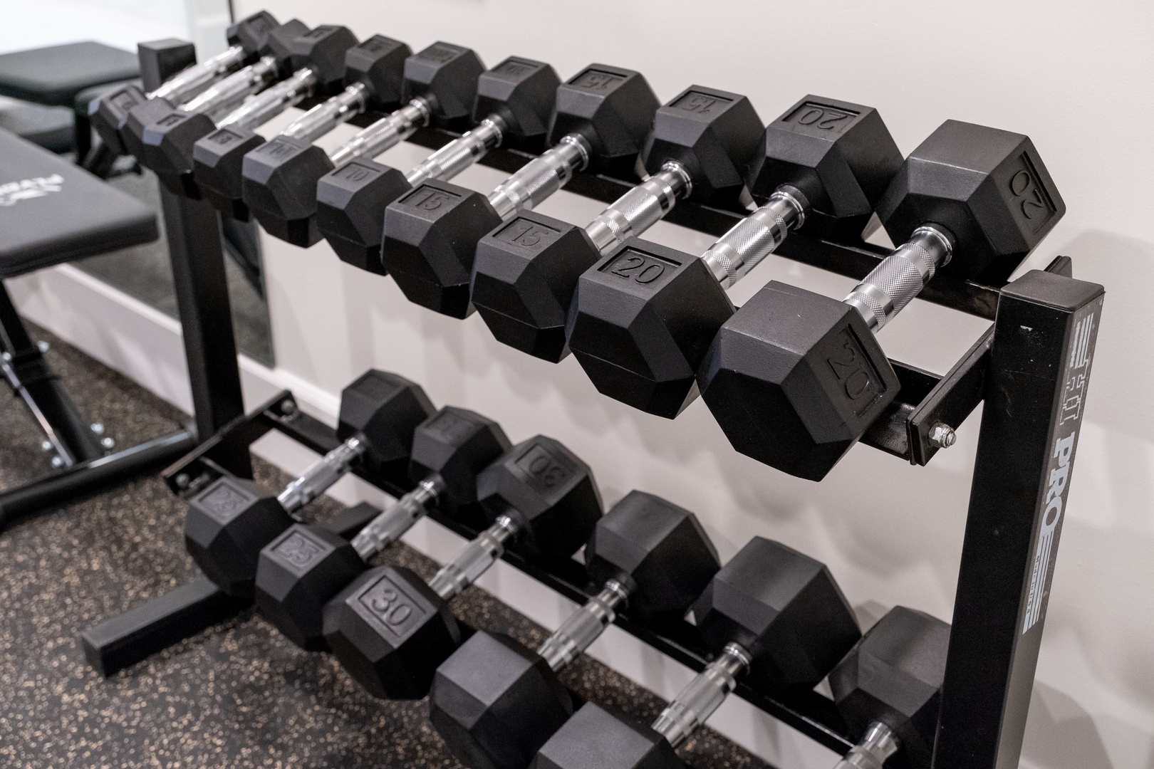 A complete set of premium dumbbells awaits your workout, arranged neatly on a professional rack—perfect for strength training at your own pace.