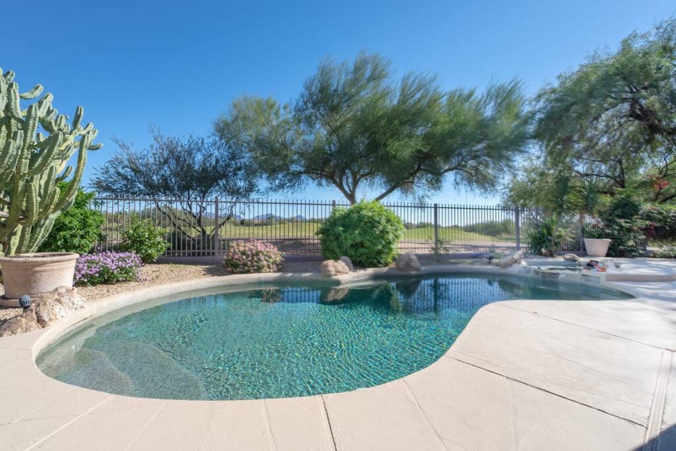 Dive into your private oasis surrounded by desert landscaping and mountain views beyond the fence.