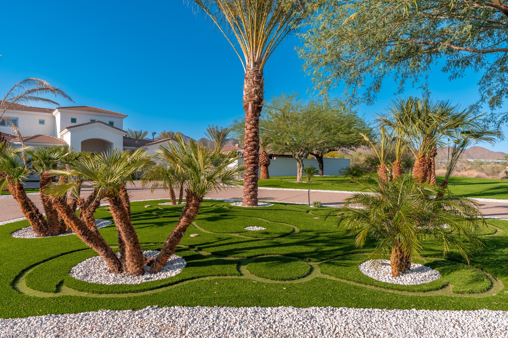 A meticulously landscaped front yard with manicured lawn, decorative palm trees, and desert-style rock accents welcomes guests to this sun-soaked desert property.
