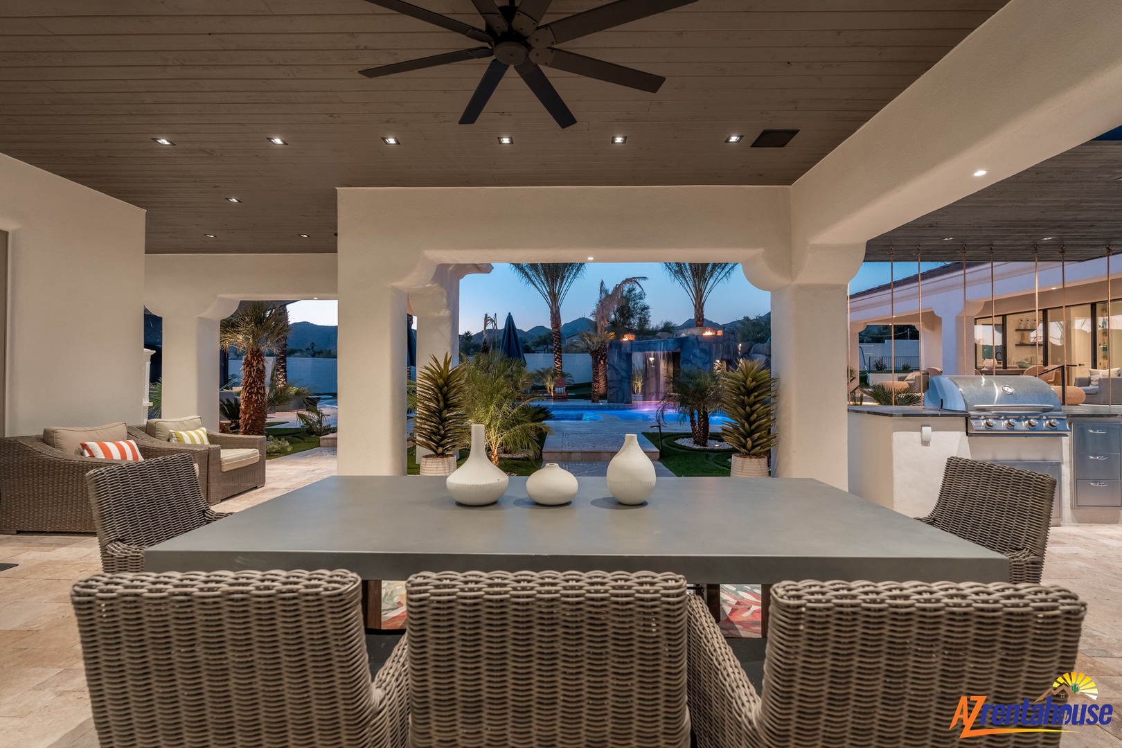 Dine under the stars at your private outdoor table, with tropical palms and pool views creating the perfect backdrop for unforgettable evenings.