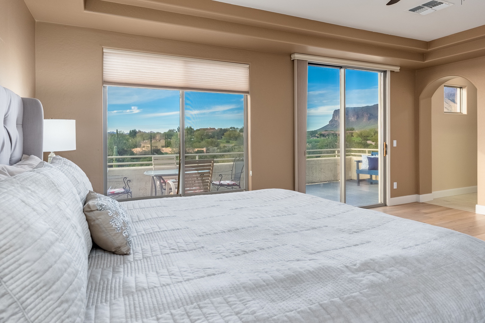 Your bedroom opens to a private balcony with stunning mountain views, offering a peaceful retreat where you can wake up to desert landscapes and unwind in comfort.