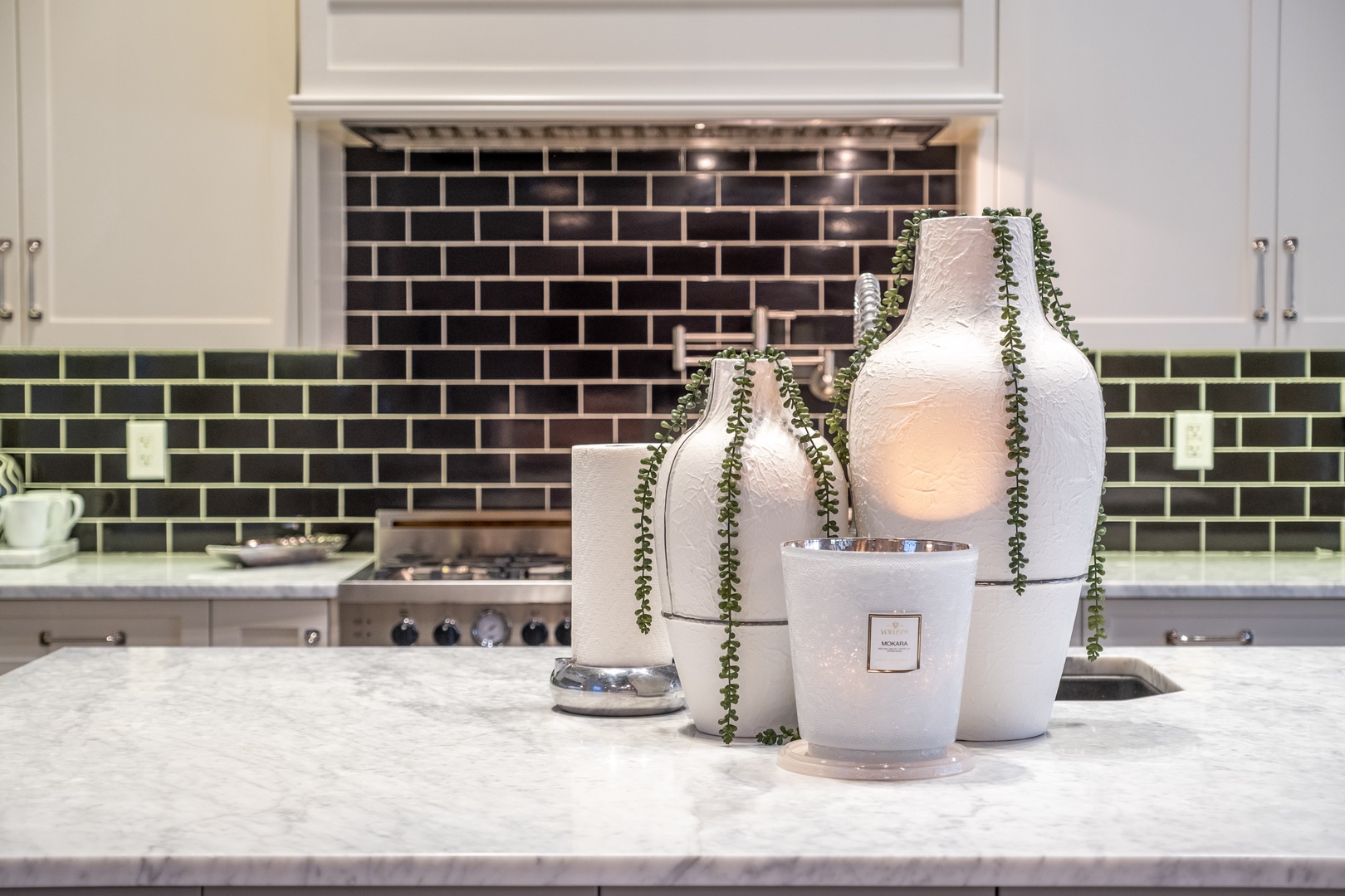 Picture yourself preparing meals on this elegant marble counter, surrounded by sleek subway tile and modern finishes that make cooking feel effortless and inspired.