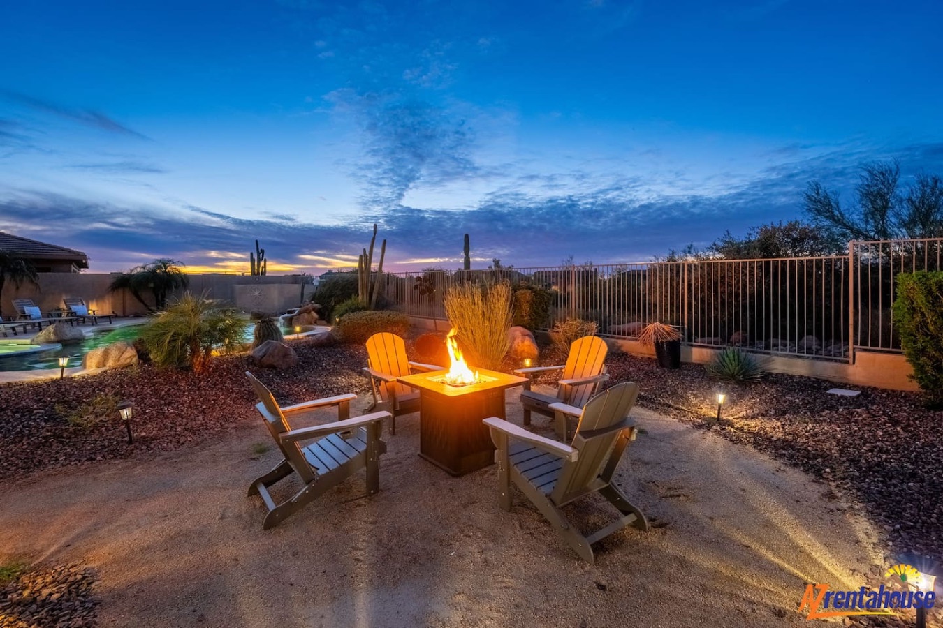 Gather around your private fire pit as desert twilight paints the sky in brilliant hues, creating the perfect setting for starlit conversations.