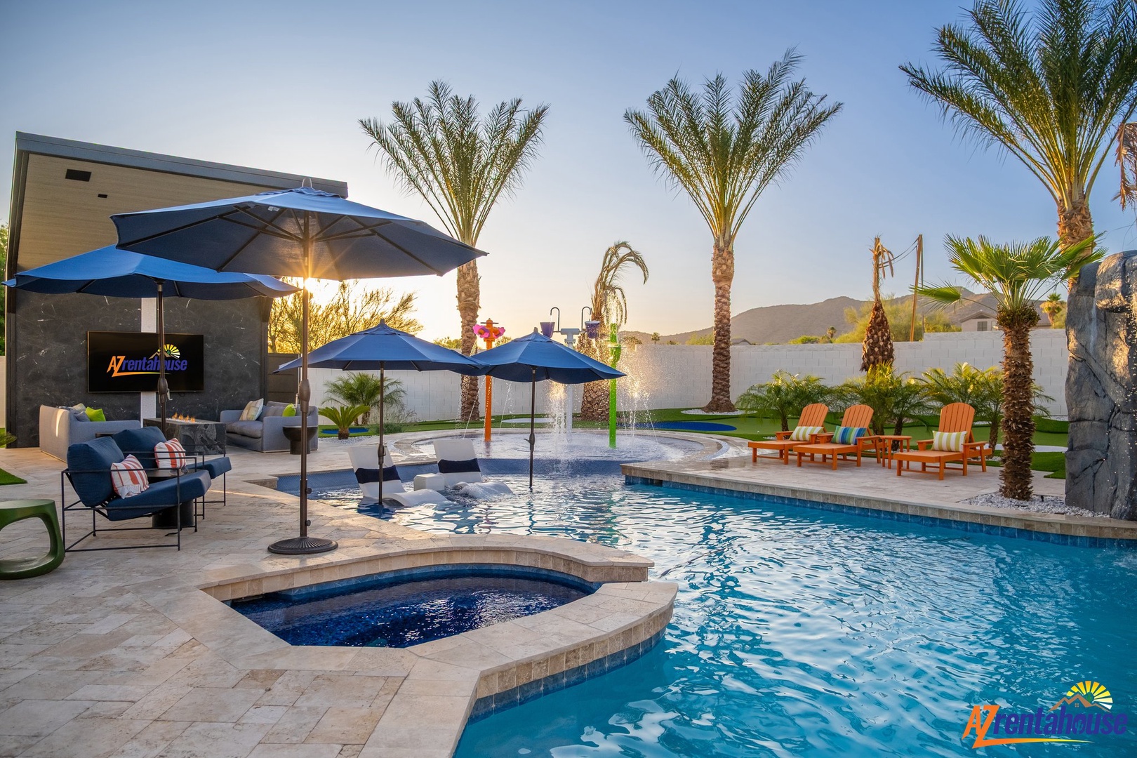 Dive into your private oasis with sparkling pool, relaxing spa, and lounge seating under swaying palms at sunset.
