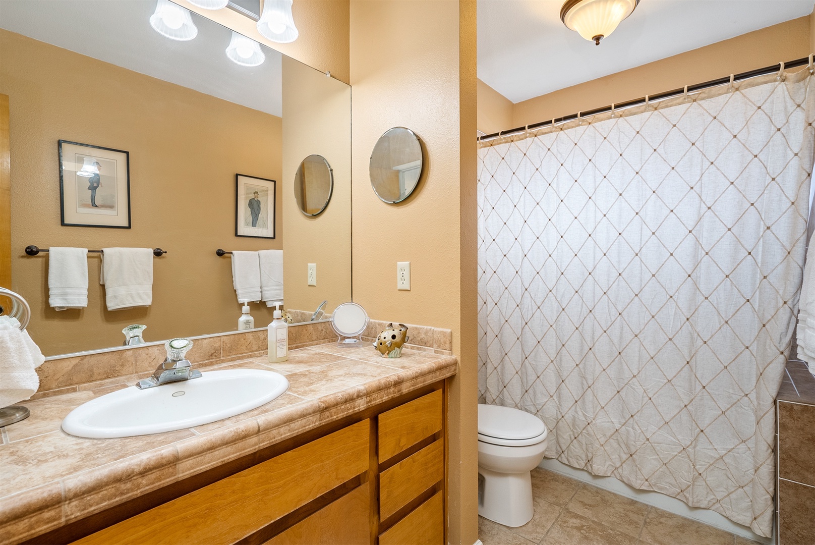 The hall bath features a shower with a tub and a well lit vanity.