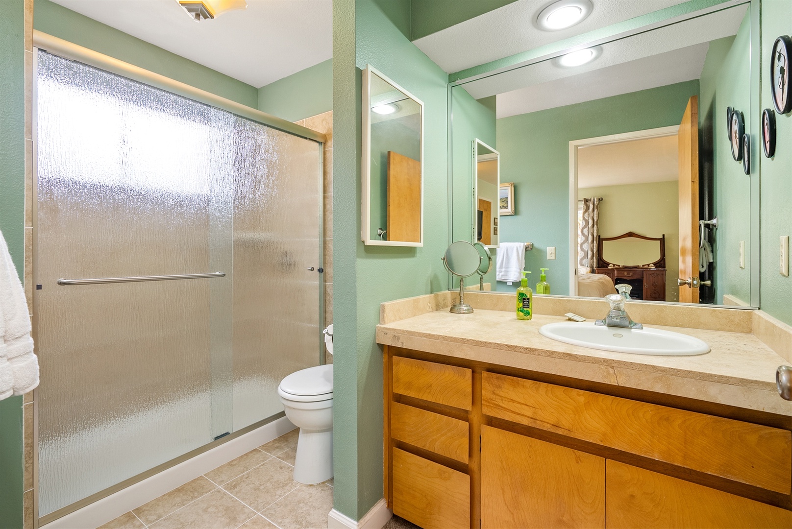 The master bath has a step in shower.