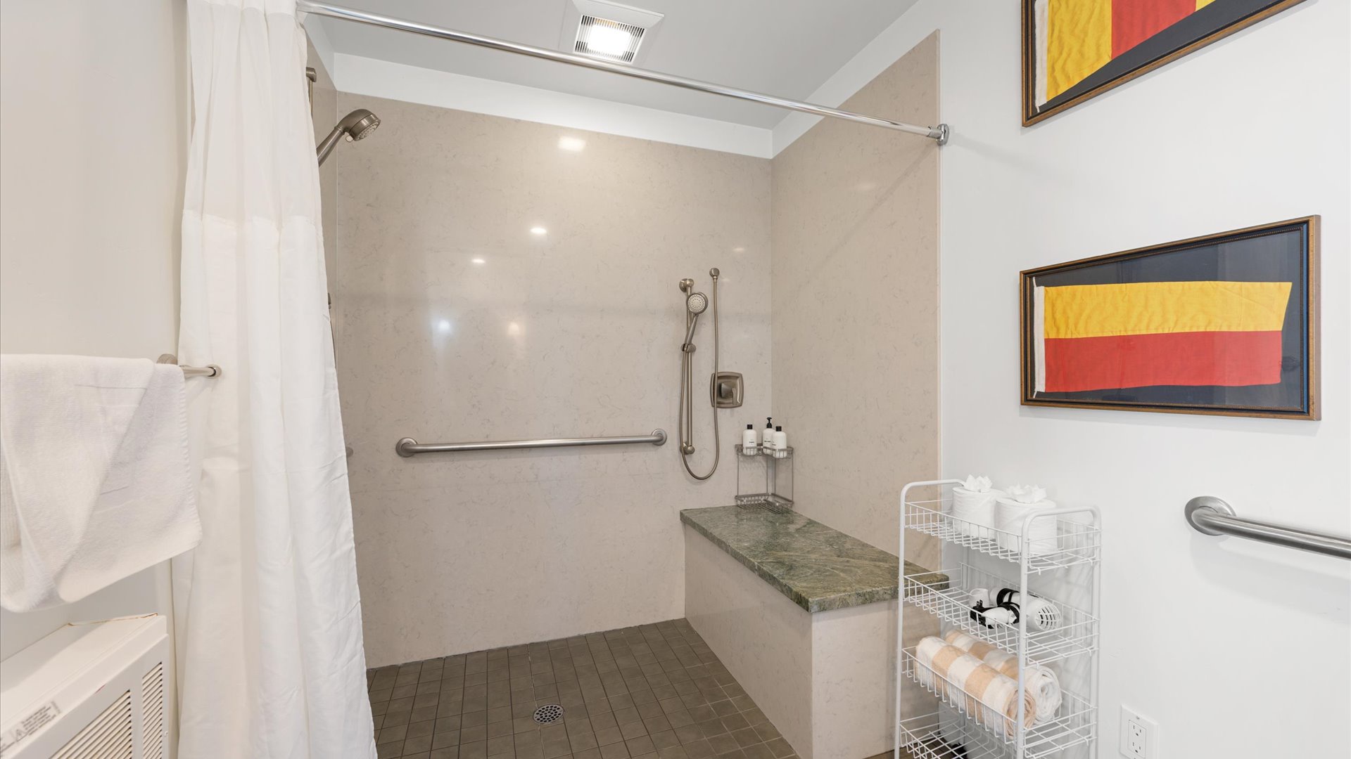 Roll in shower with bench to sit on