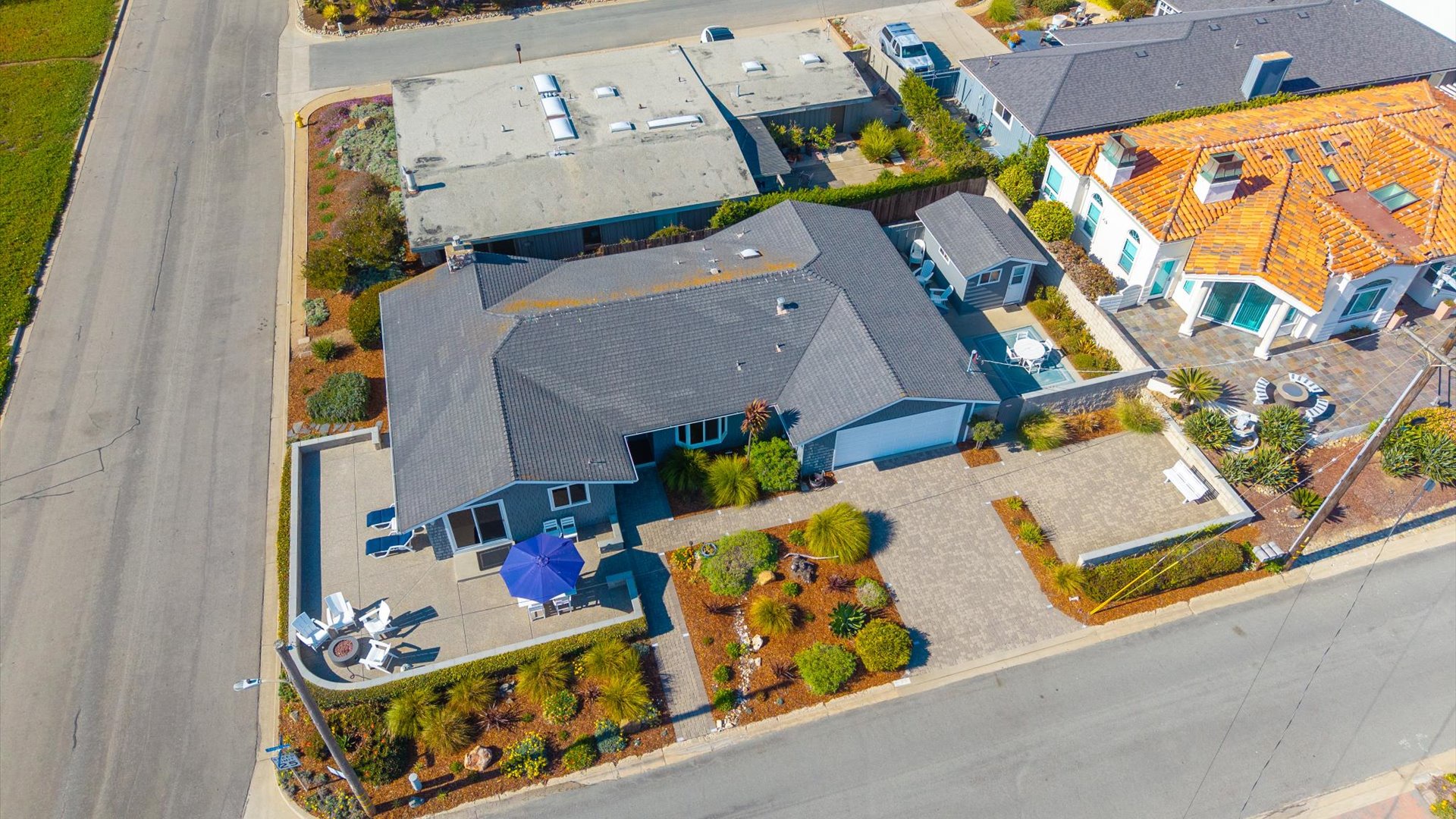 Aerial view of this home with multiple private patios