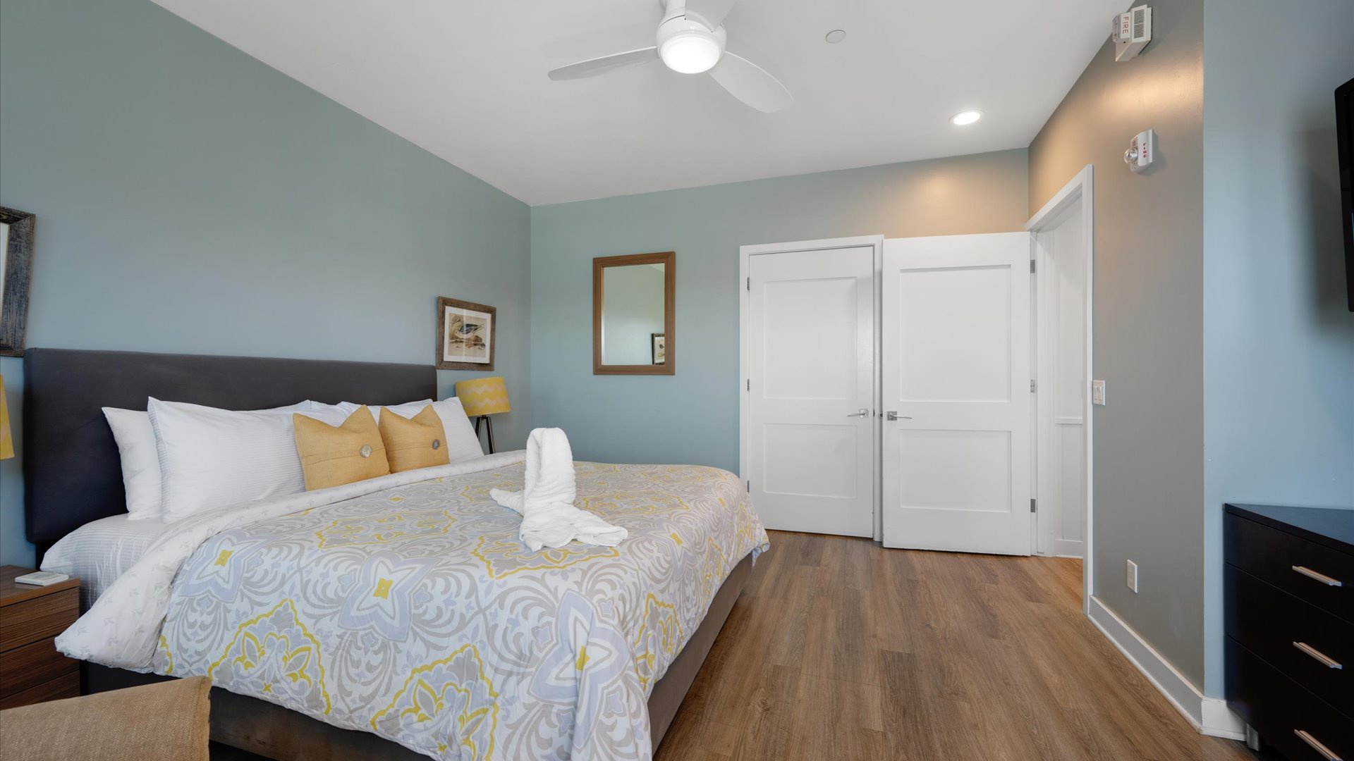 Spacious and comfortable, the bedroom is a peaceful retreat