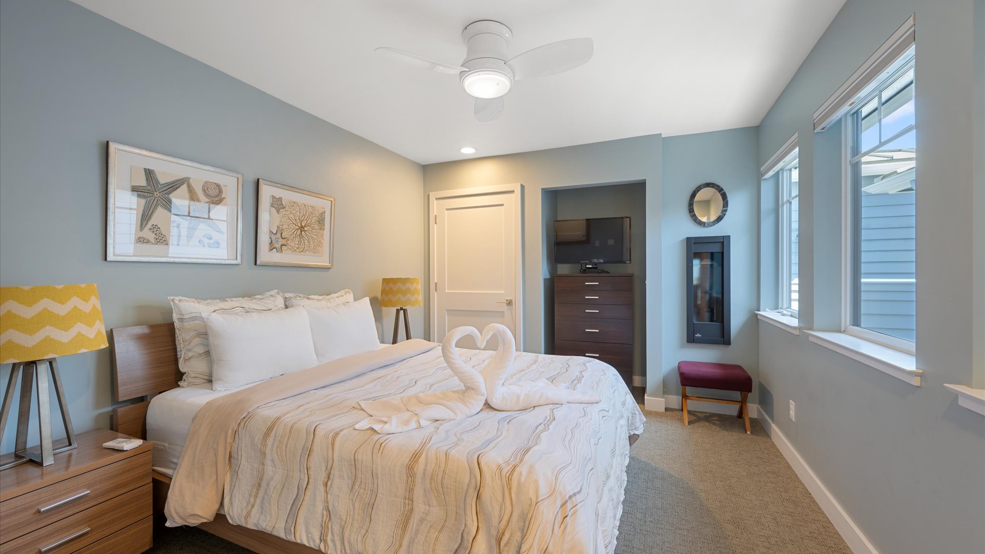 The bedroom has a queen size bed, TV and fireplace so it creates a nice, quiet retreat.
