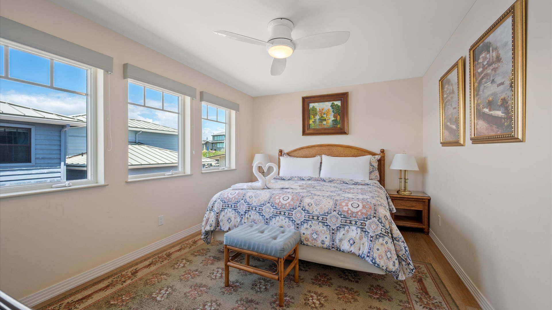 The bedroom has a king bed and TV and offers a quiet getaway when you want to rest or read.