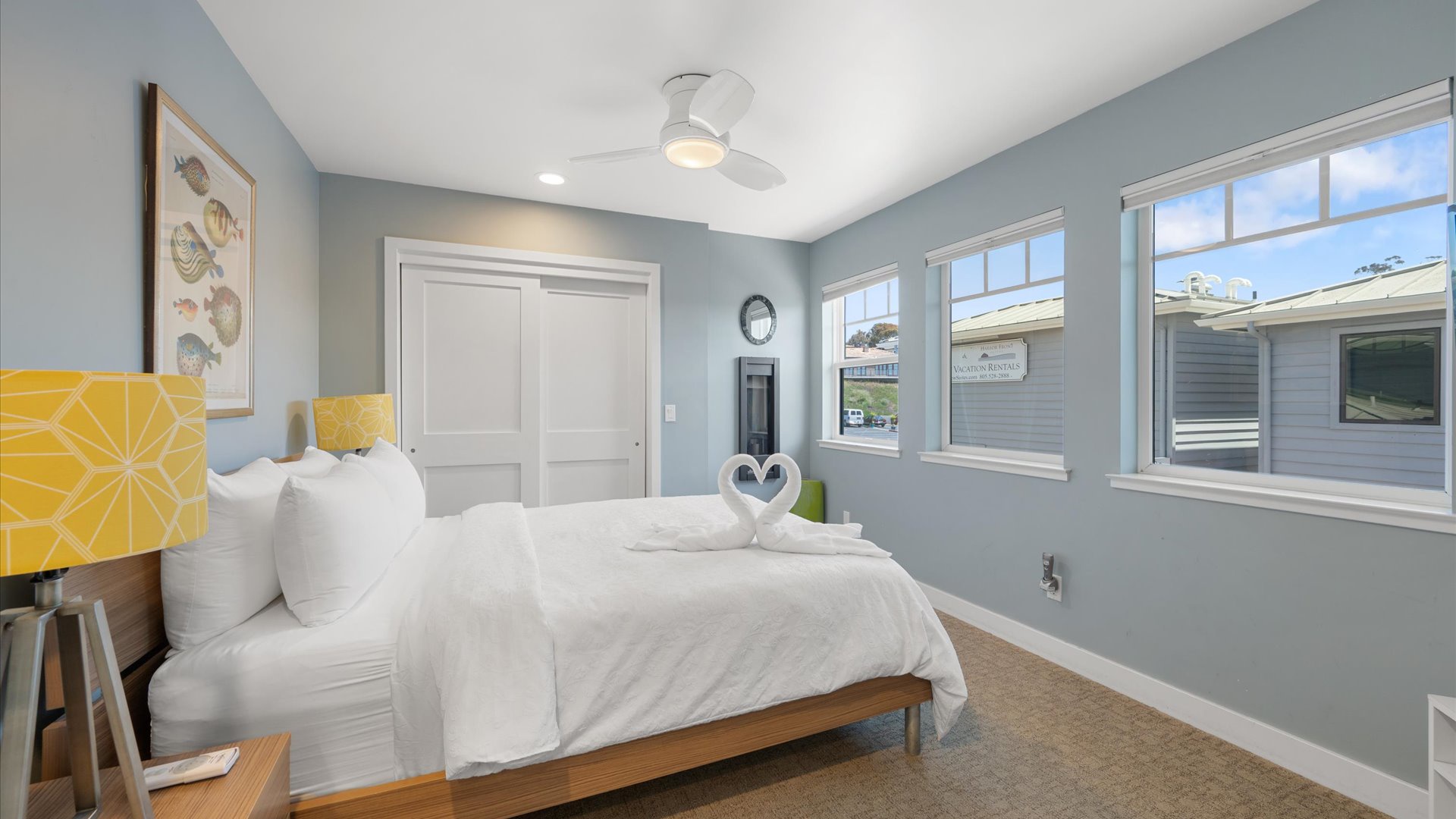 The bedroom is beautifully decorated and has a very comfortable queen size bed.