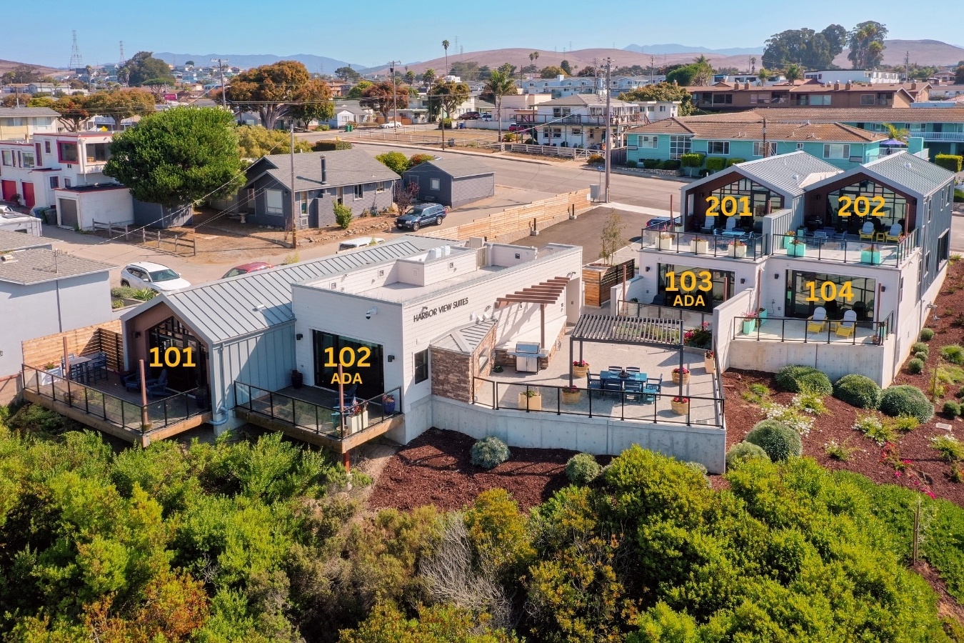 Location of each unit. Private decks and patios at every unit at the Harbor View Suites