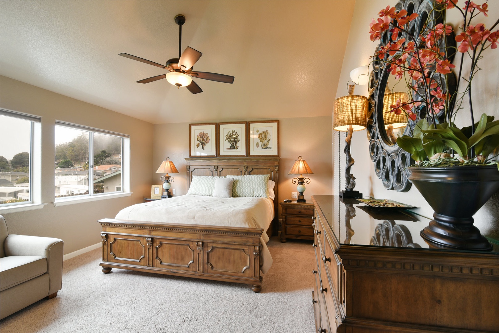 The Master Bedroom, on the upstairs floor, has a king bed plus an oversized chair that fold out to a single bed.