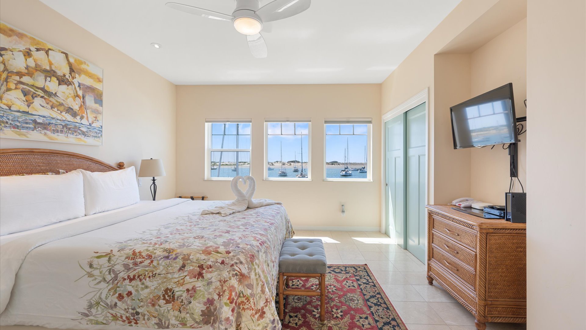 The bedroom has a TV, large closet, great views and the full bath is adjacent.