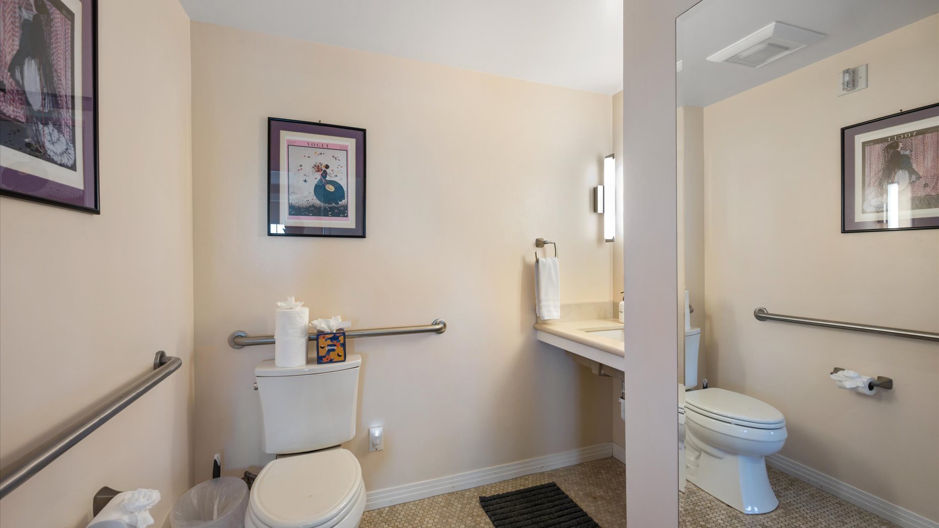 The spacious half bath is off the living room.