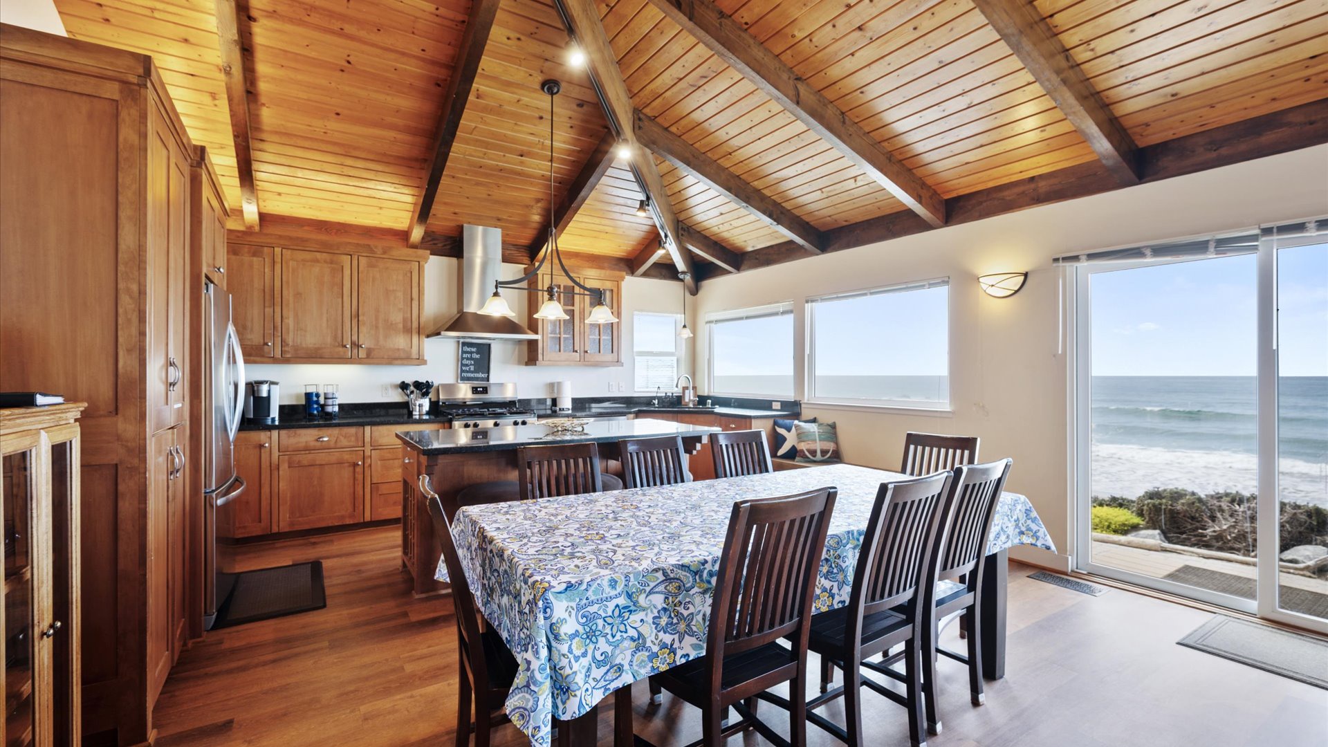 The dining room table has seating for 8
