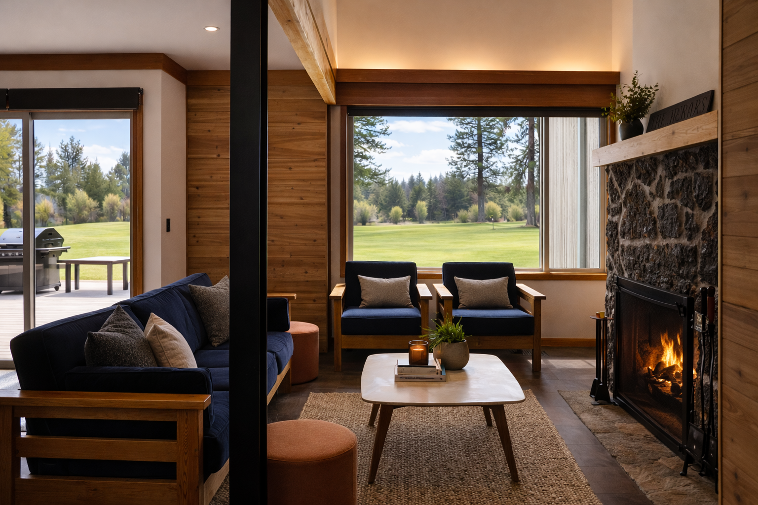 Cozy up by your crackling fireplace while gazing at stunning golf course views through floor-to-ceiling windows in this warmly appointed living space.