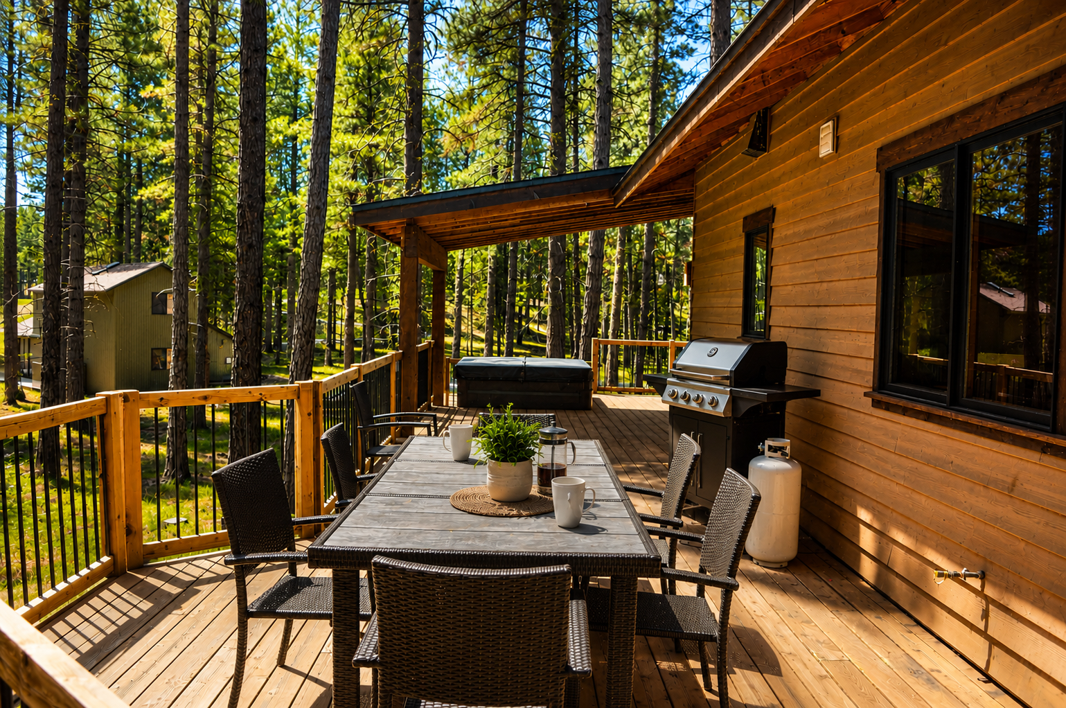 Enjoy your morning coffee on this spacious deck surrounded by towering pines, where the BBQ grill awaits your next outdoor feast under the forest canopy.