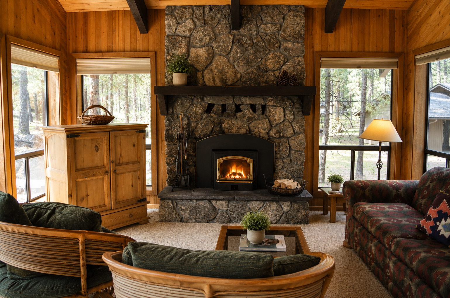 Curl up by your private stone fireplace in this warm, wood-paneled living room with mountain views through every window—your cozy retreat after exploring the forest.