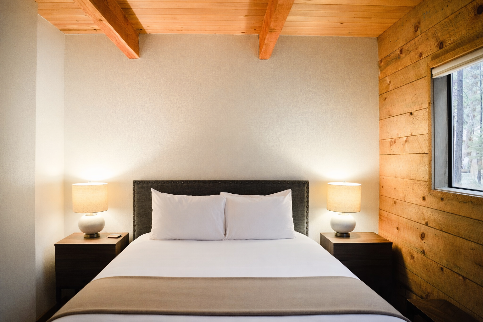 Rest peacefully in your cozy bedroom with exposed wood beams and warm bedside lighting creating the perfect mountain retreat atmosphere.