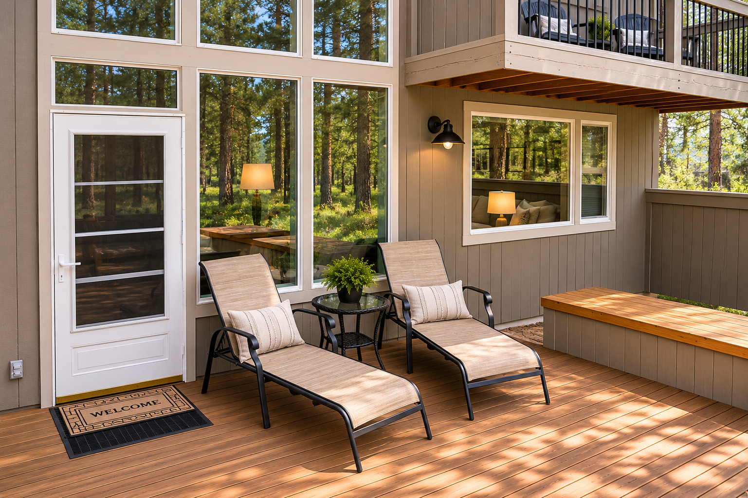 Unwind on your private deck surrounded by towering pines, with cozy loungers and forest views creating your perfect retreat after exploring the area.