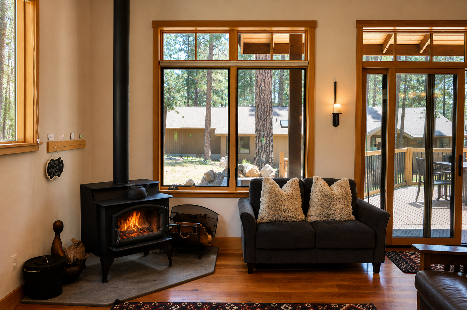 Curl up on plush seating by the crackling fireplace as natural light streams through floor-to-ceiling windows, framing your private forest retreat beyond the deck.