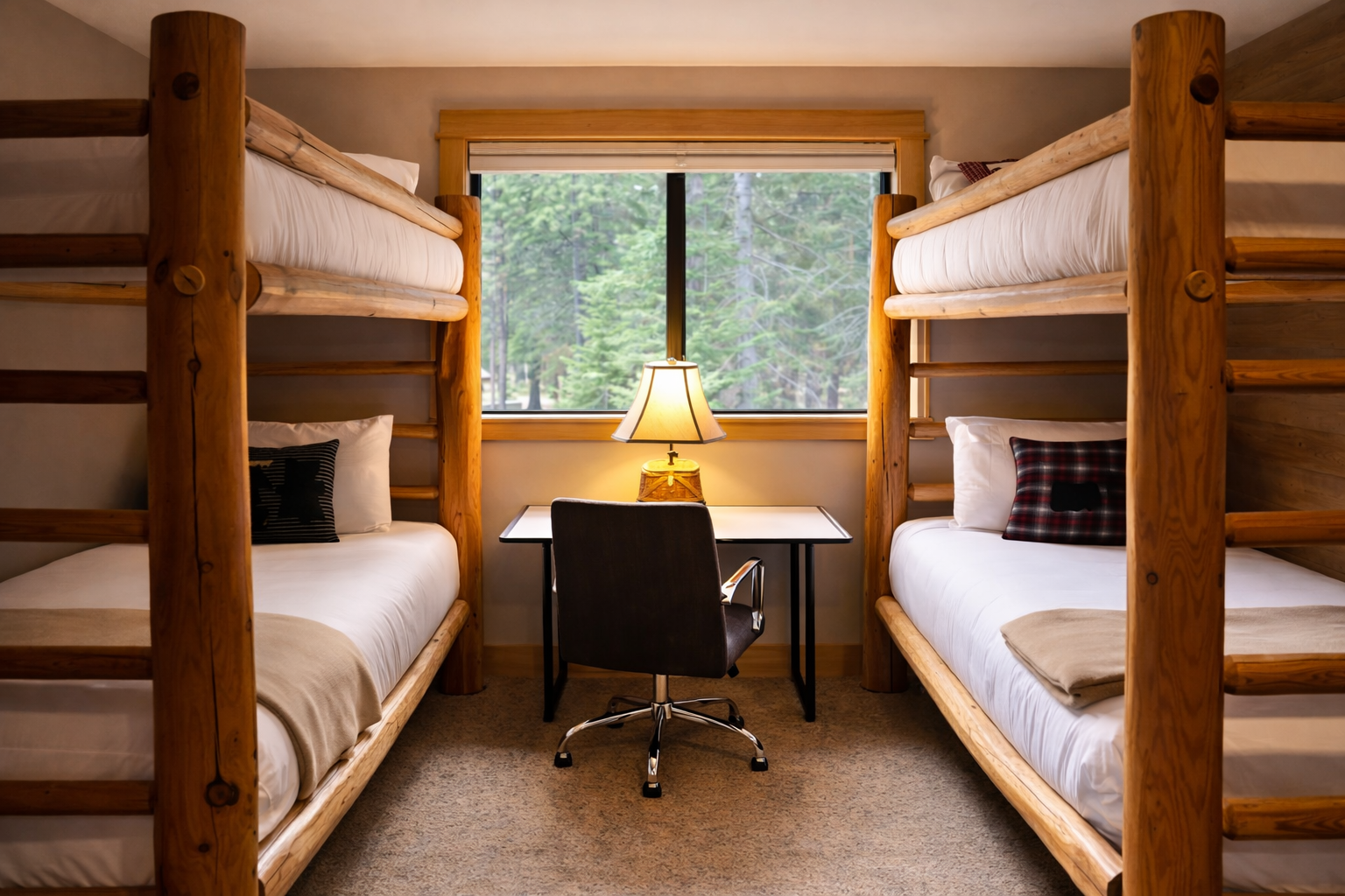 Cozy wooden bunk beds create your perfect retreat, complete with a workspace desk and peaceful forest views through the window.