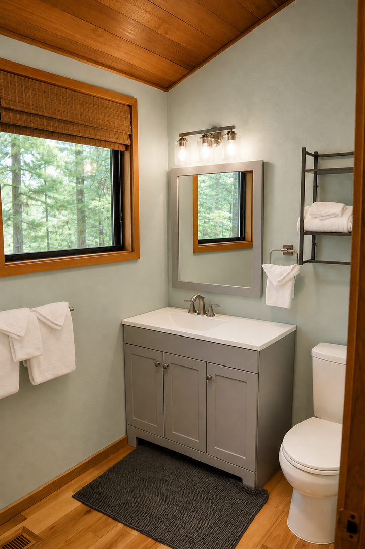 Your private bathroom features a vanity with fresh linens, natural light from the window, and a peaceful view of the surrounding pines—a calming retreat after your day's adventures.