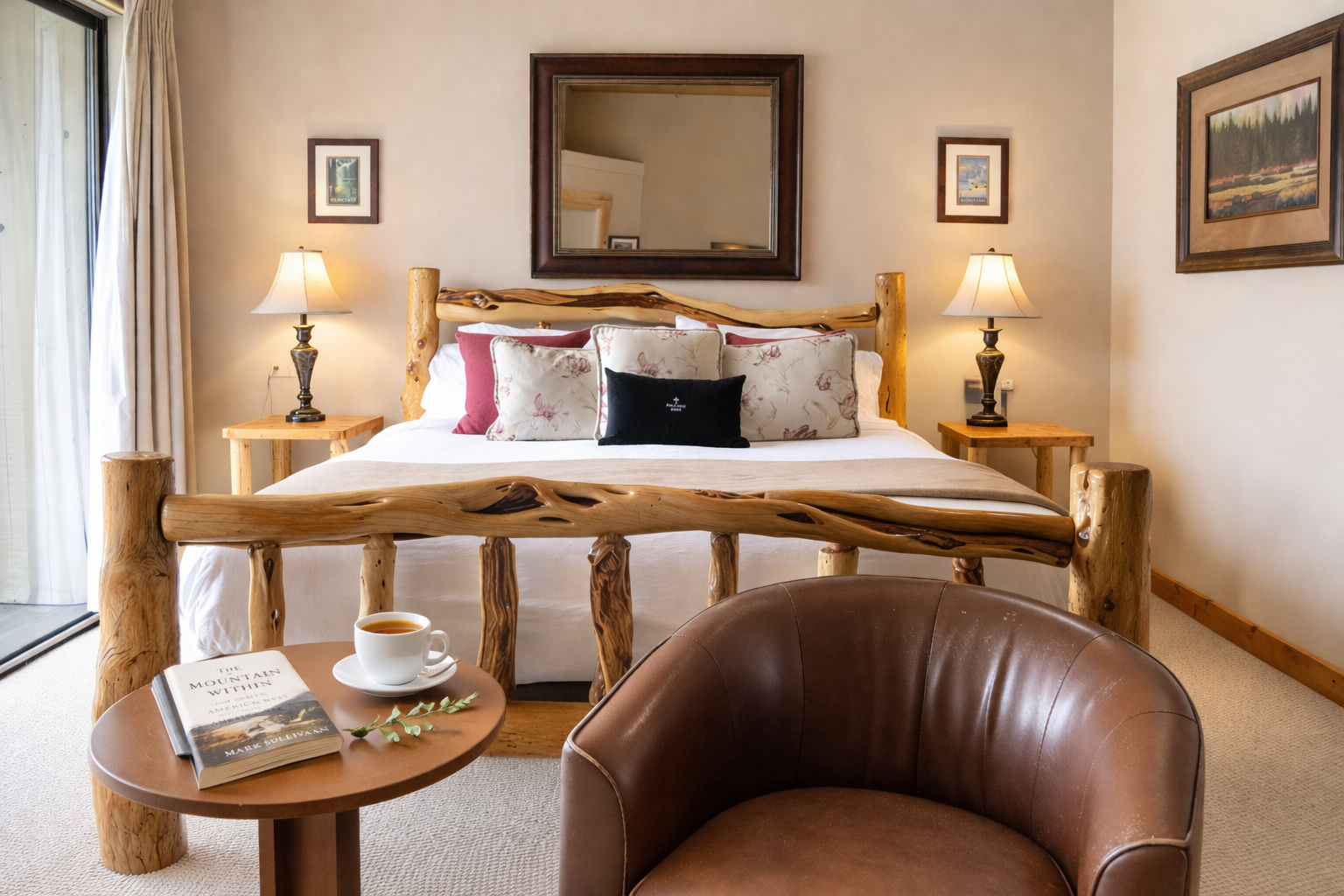 Sink into your rustic log bed with crisp linens while enjoying morning coffee in the leather reading chair by your window.